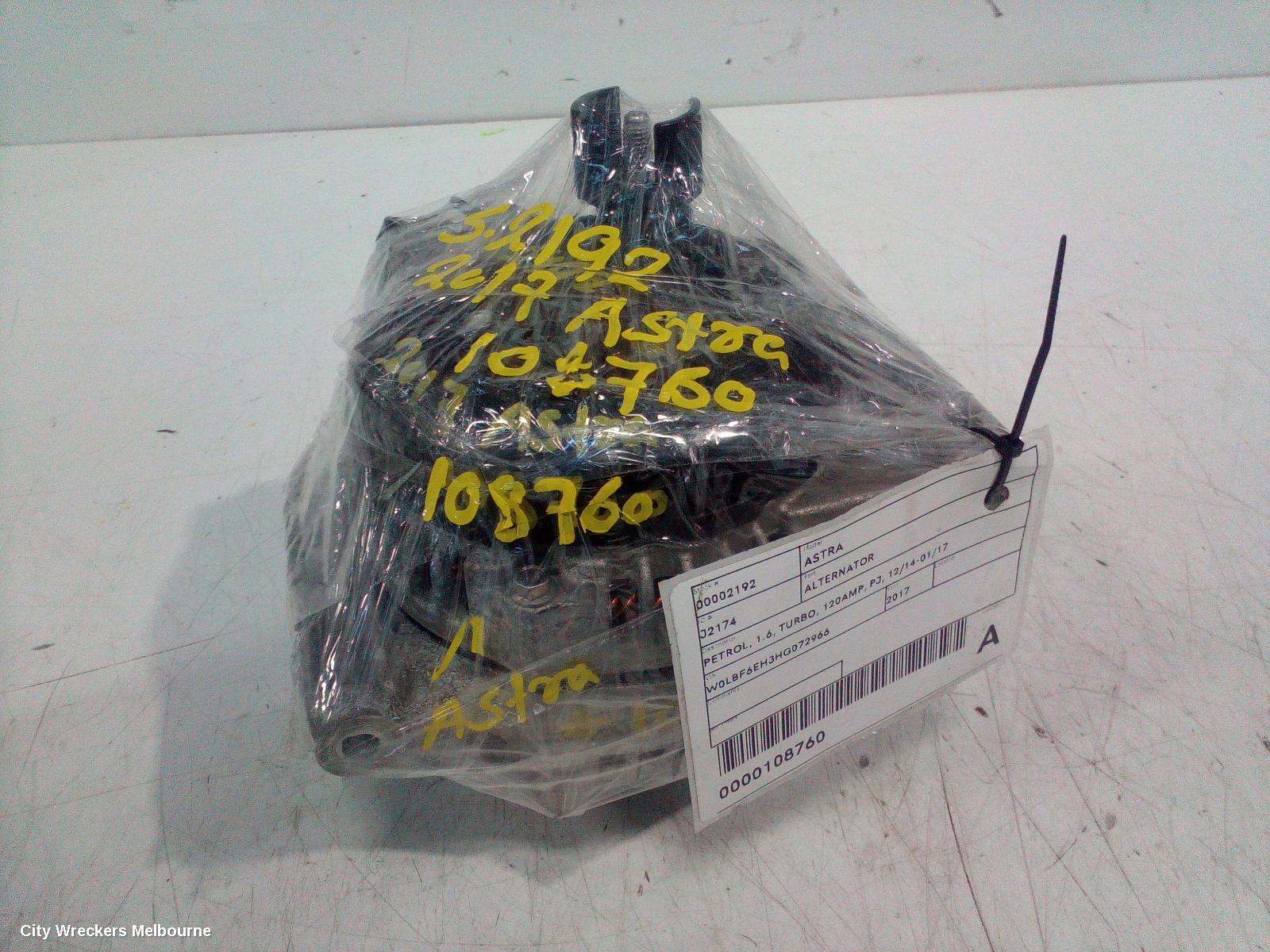 HOLDEN ASTRA ALTERNATOR, PETROL, 1.6, TURBO, 120AMP, PJ, 12/2014 - 01/2017