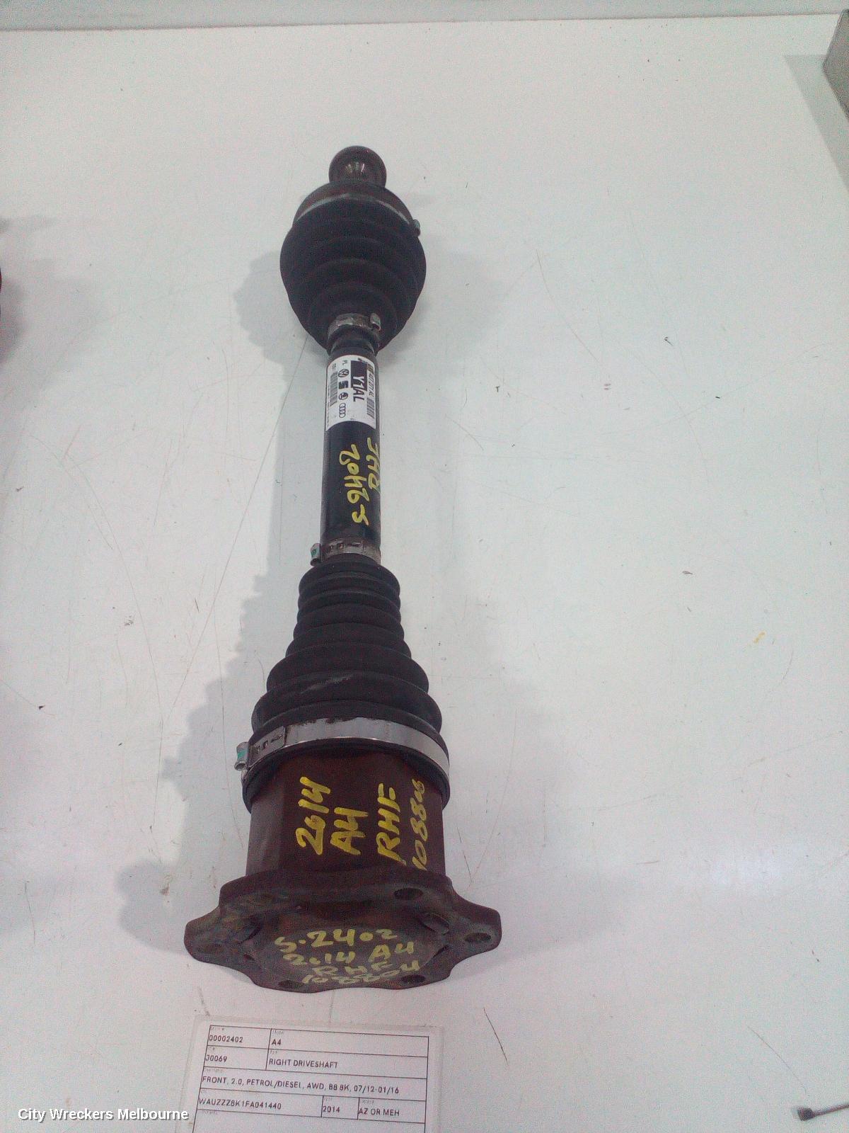 AUDI A4 RIGHT DRIVESHAFT, FRONT, 2.0, PETROL, AWD, B8 8K, 02/2012 - 01/2016