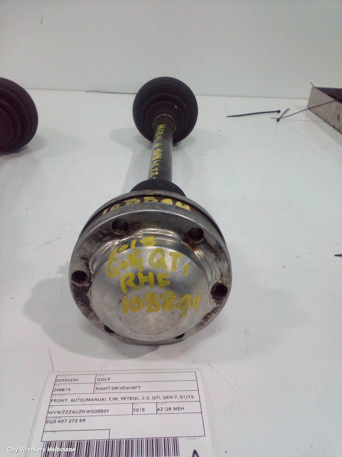VOLKSWAGEN GOLF RIGHT DRIVESHAFT, FRONT, AUTO/MANUAL T/M, PETROL, 2.0, GTI, GEN 7, 01/2013 - 08/2020