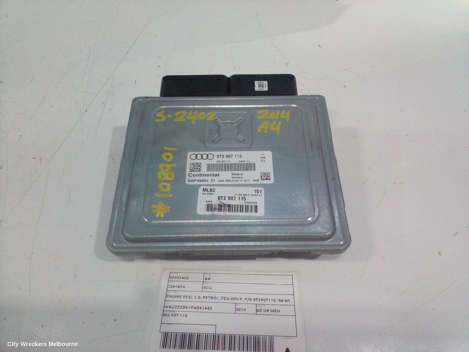 AUDI A4 ECU, ENGINE ECU, 2.0, PETROL, ECU ONLY, P/N 8T2907115, B8 8K, 02/2008 - 01/2016