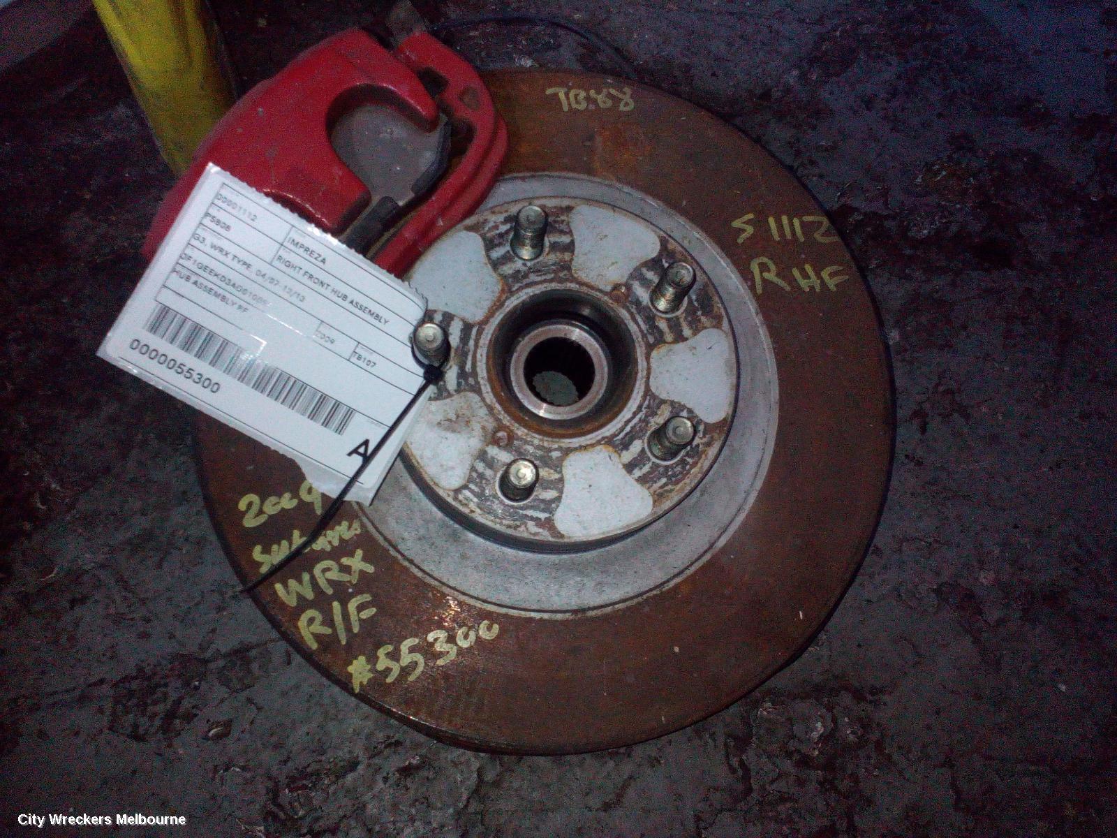 SUBARU IMPREZA RIGHT FRONT HUB ASSEMBLY, G3, WRX TYPE, 04/2007 - 12/2013