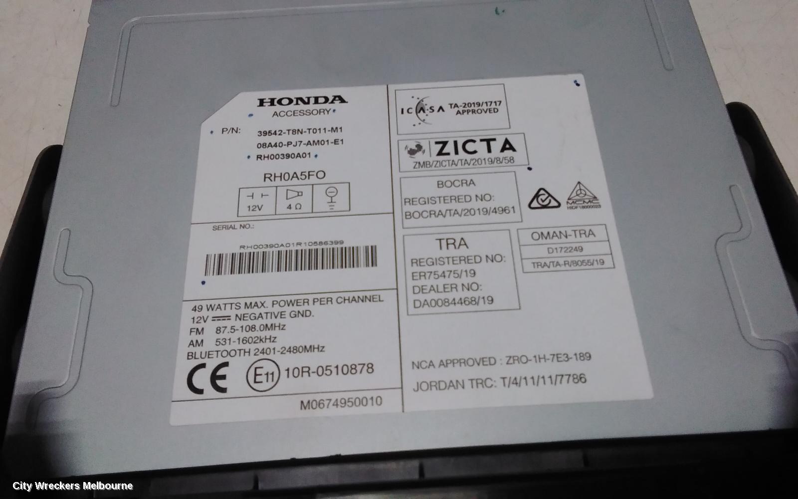 HONDA HRV RADIO/CD/DVD/SAT/TV, 7IN TOUCHSCREEN, W/ SAT NAV TYPE, RU5, 05/2017 - 10/2021