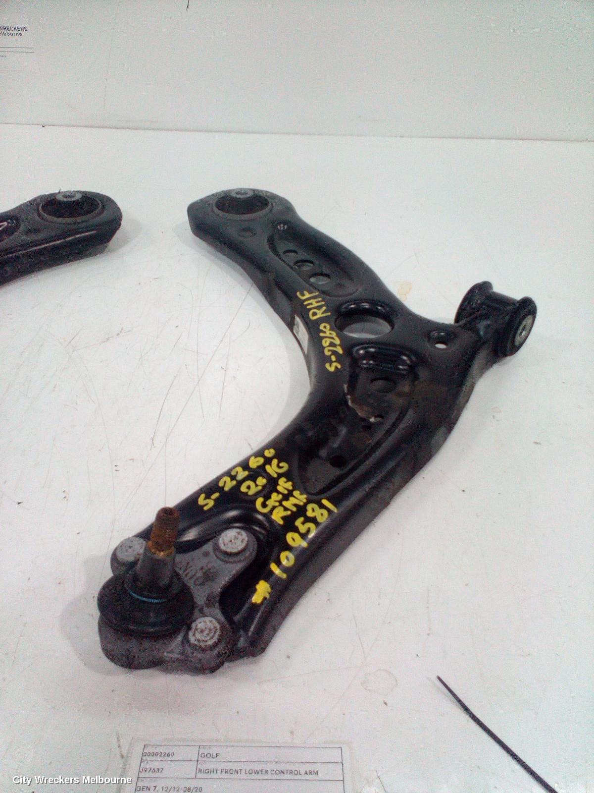VOLKSWAGEN GOLF RIGHT FRONT LOWER CONTROL ARM, GEN 7, 12/2012 - 08/2020