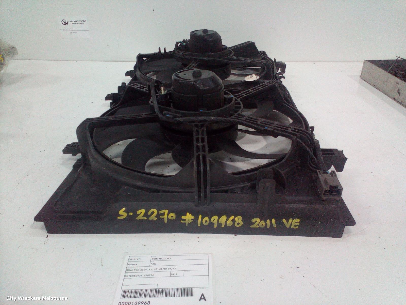 HOLDEN COMMODORE FAN, DUAL FAN ASSY, 3.6, VE, 09/2010 - 04/2013