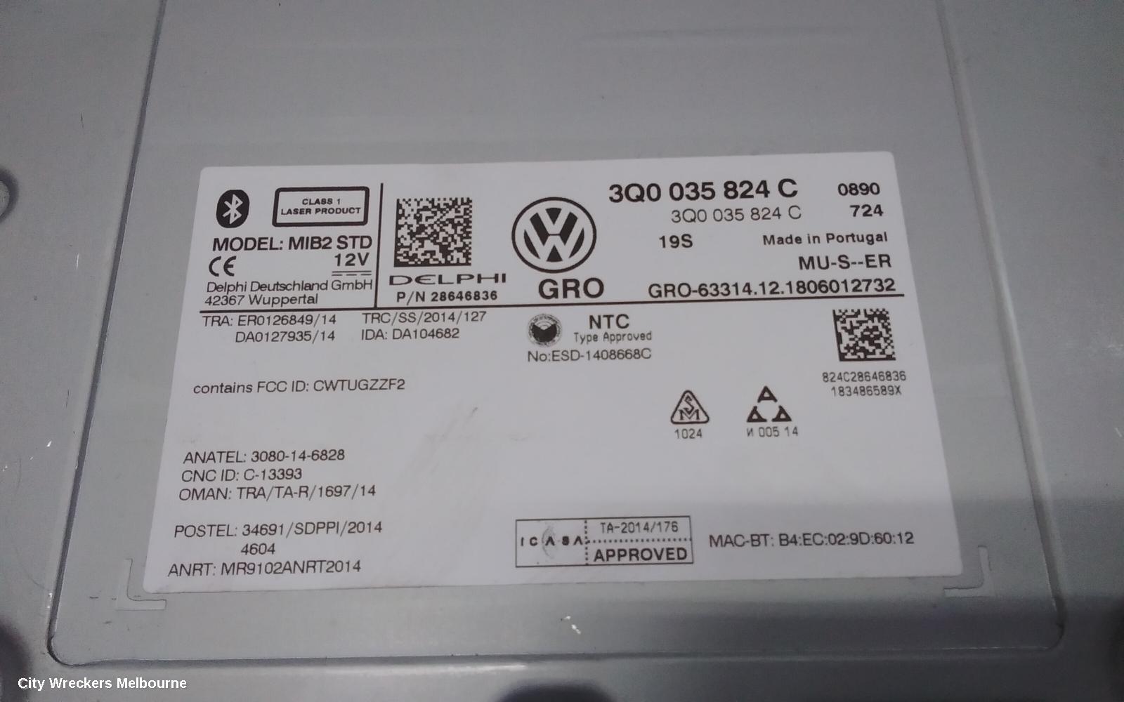 VOLKSWAGEN POLO RADIO/CD/DVD/SAT/TV, DISPLAY UNIT, 8IN, COMPOSITION MEDIA (NON SAT NAV TYPE), AW-AE, 09/2017 ONWARDS