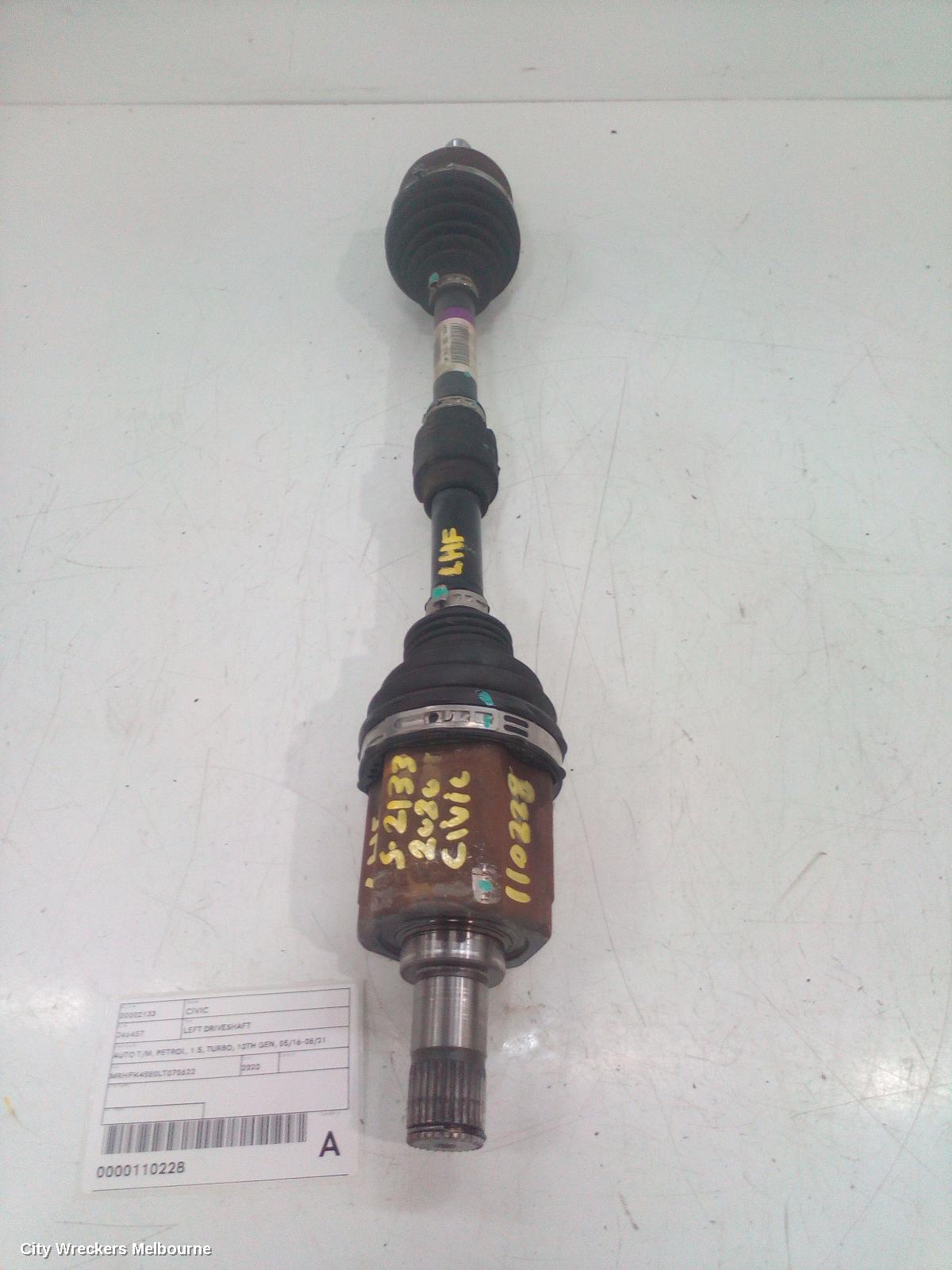 HONDA CIVIC LEFT DRIVESHAFT, AUTO T/M, PETROL, 1.5, TURBO, 10TH GEN, 05/2016 - 08/2021