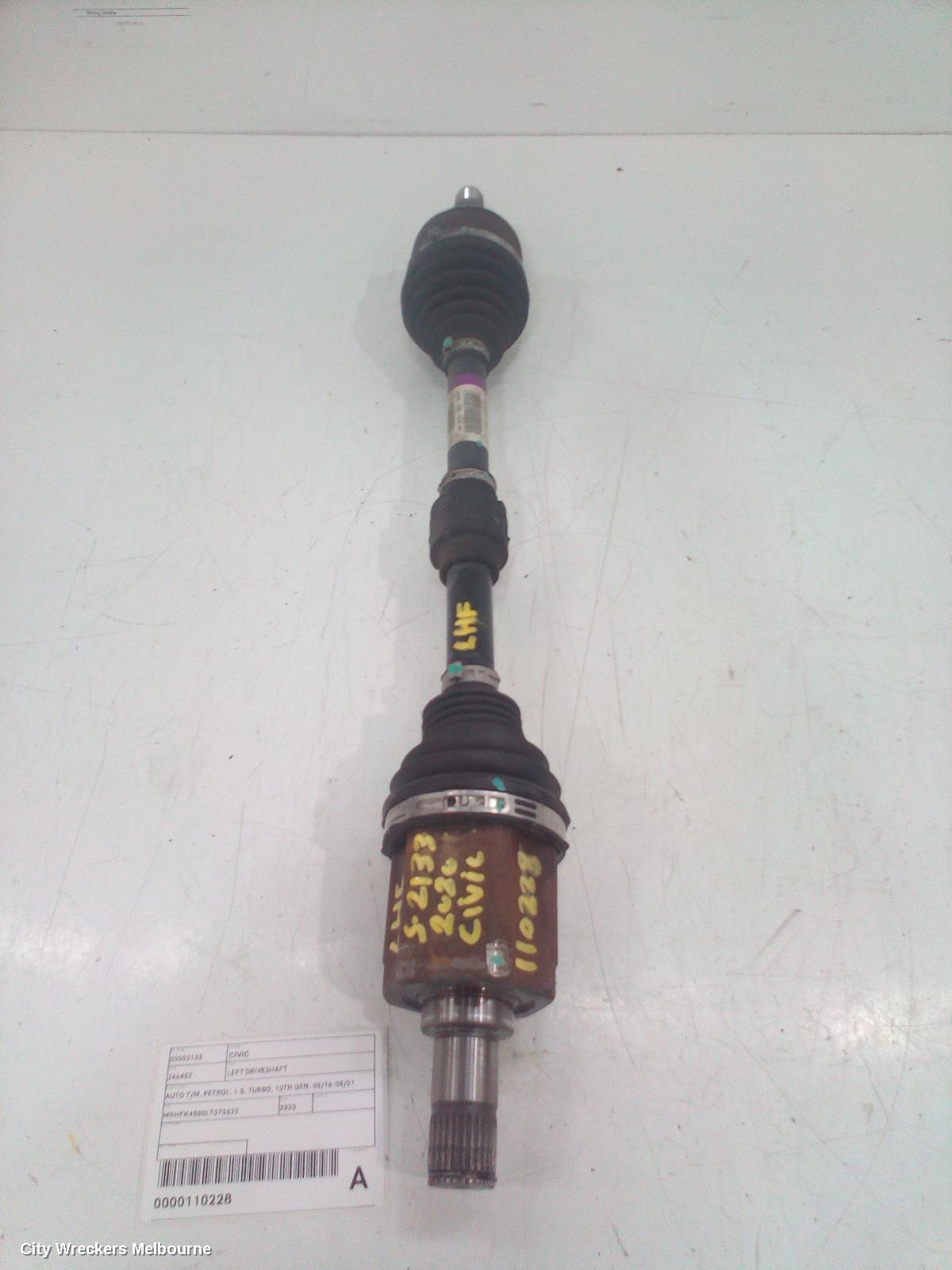 HONDA CIVIC LEFT DRIVESHAFT, AUTO T/M, PETROL, 1.5, TURBO, 10TH GEN, 05/2016 - 08/2021