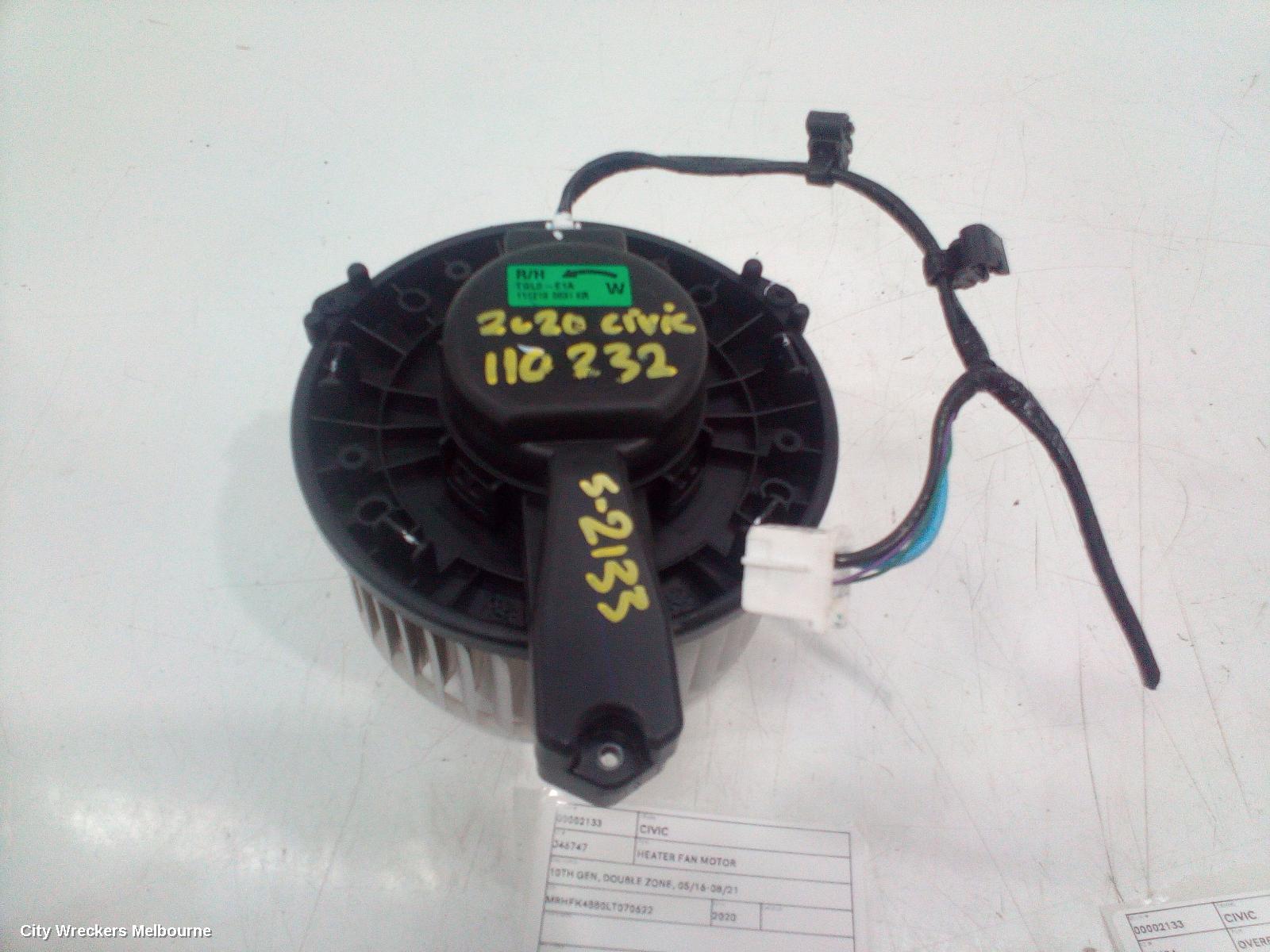 HONDA CIVIC HEATER FAN MOTOR, 10TH GEN, DOUBLE ZONE, 05/2016 - 08/2021