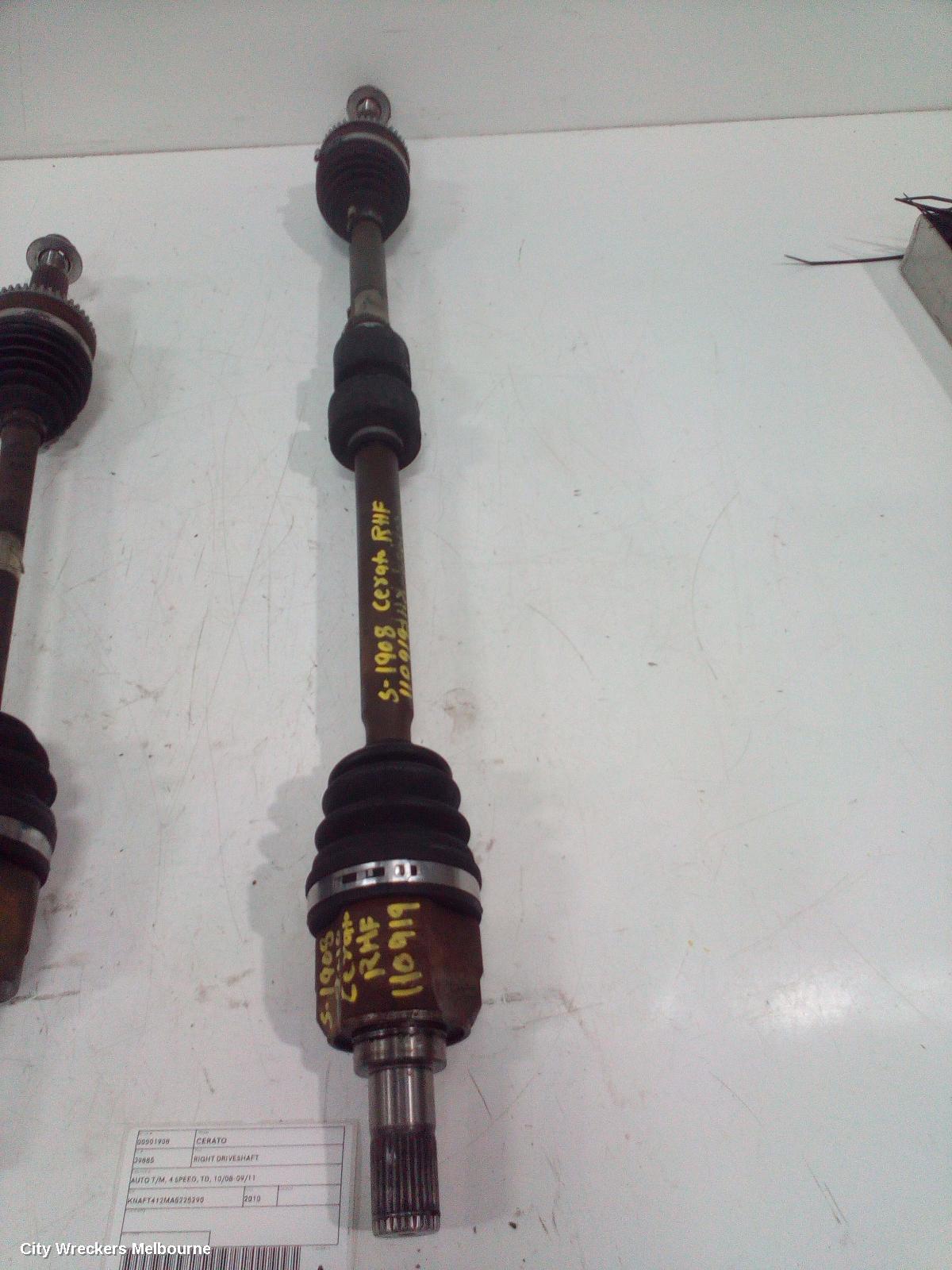 KIA CERATO RIGHT DRIVESHAFT, AUTO T/M, 4 SPEED, TD, 10/2008 - 09/2011