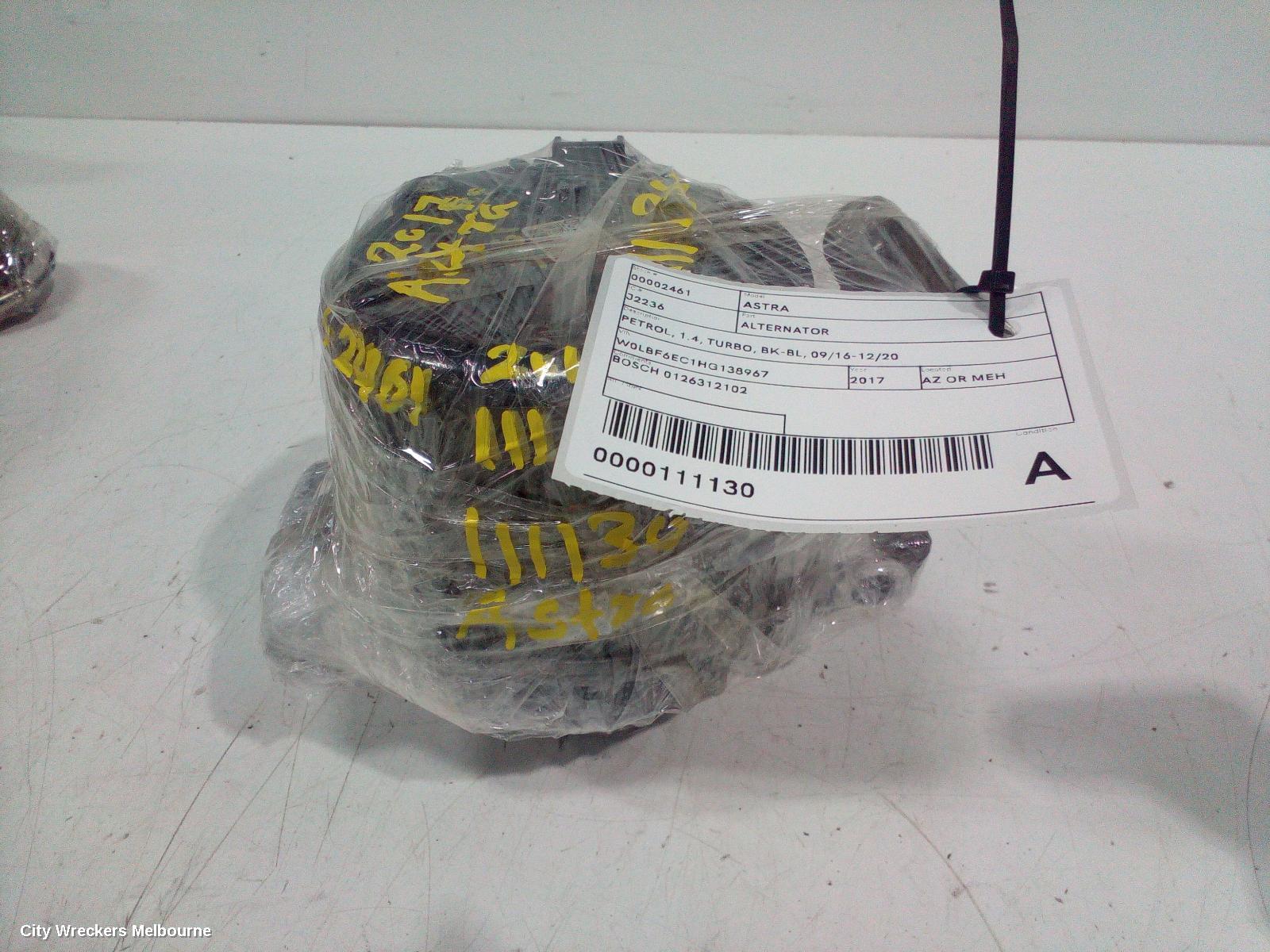 HOLDEN ASTRA ALTERNATOR, PETROL, 1.4, TURBO, BK-BL, 09/2016 - 12/2020