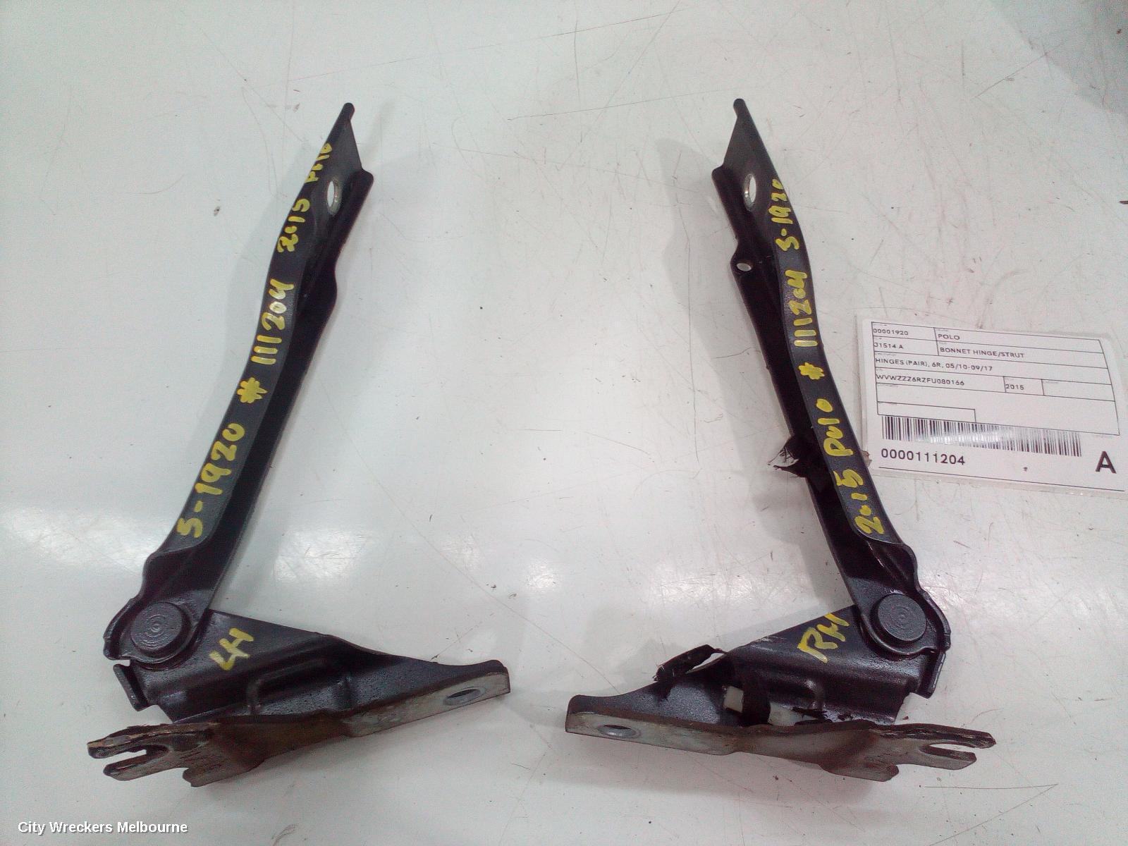 VOLKSWAGEN POLO BONNET HINGE/STRUT, HINGES (PAIR), 6R, 05/2010 - 09/2017