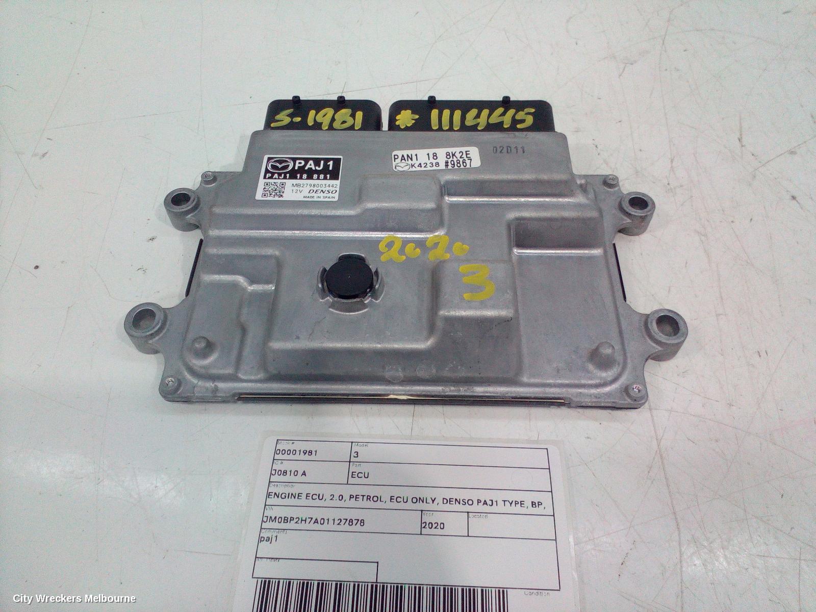 MAZDA 3 ECU, ENGINE ECU, 2.0, PETROL, ECU ONLY, DENSO PAJ1 TYPE, BP, 03/2019 ONWARDS