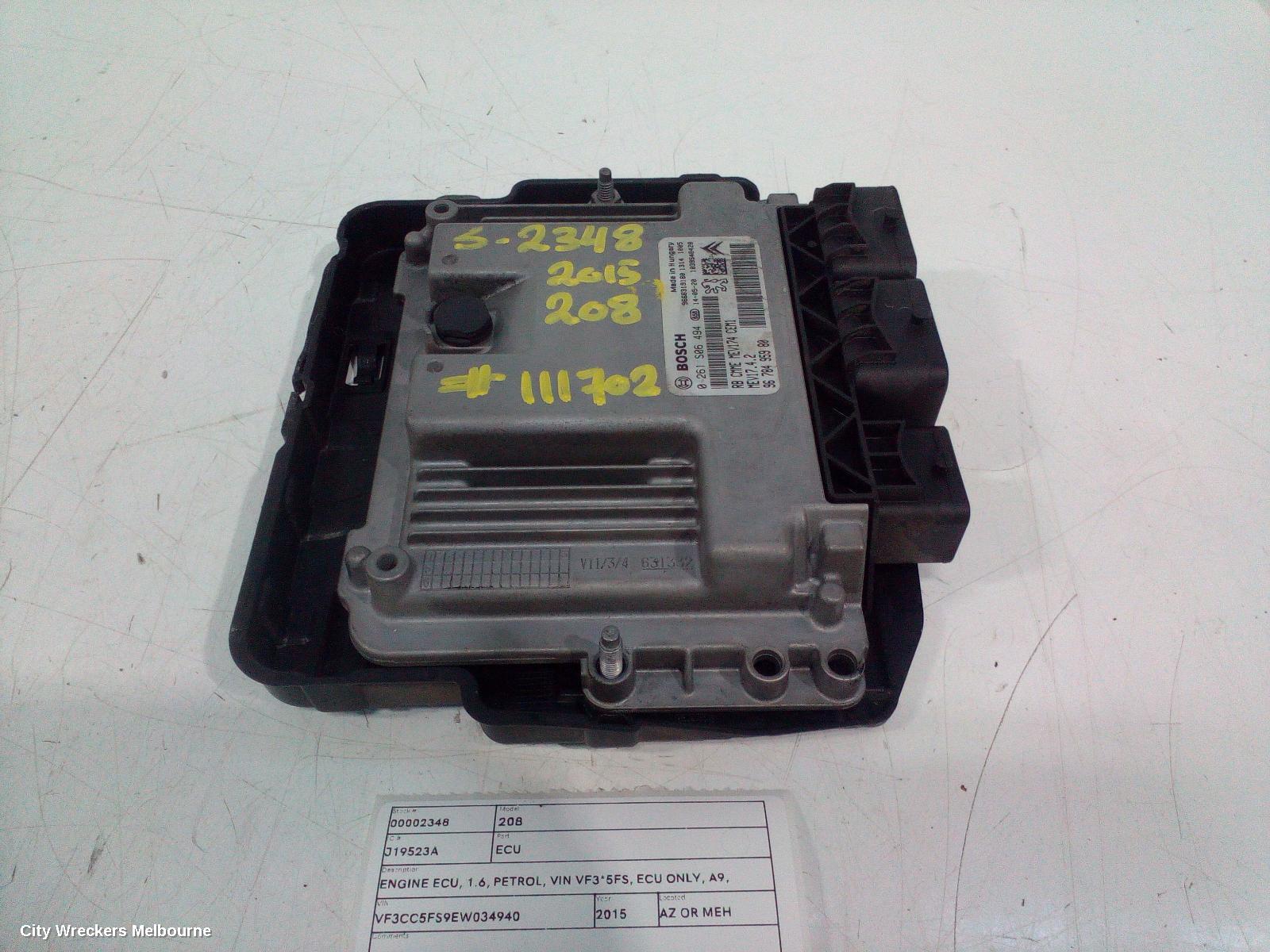 PEUGEOT 208 ECU, ENGINE ECU, 1.6, PETROL, VIN VF3*5FS, ECU ONLY, A9, 10/2012 - 05/2015