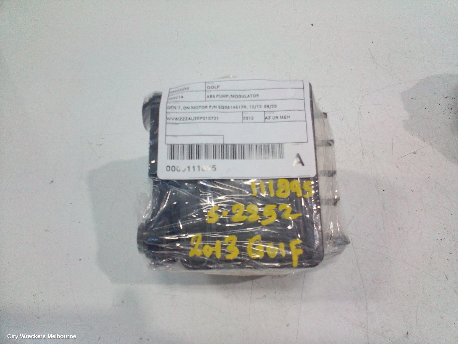 VOLKSWAGEN GOLF ABS PUMP/MODULATOR, GEN 7, ON MOTOR P/N 5Q0614517R, 12/2012 - 08/2020
