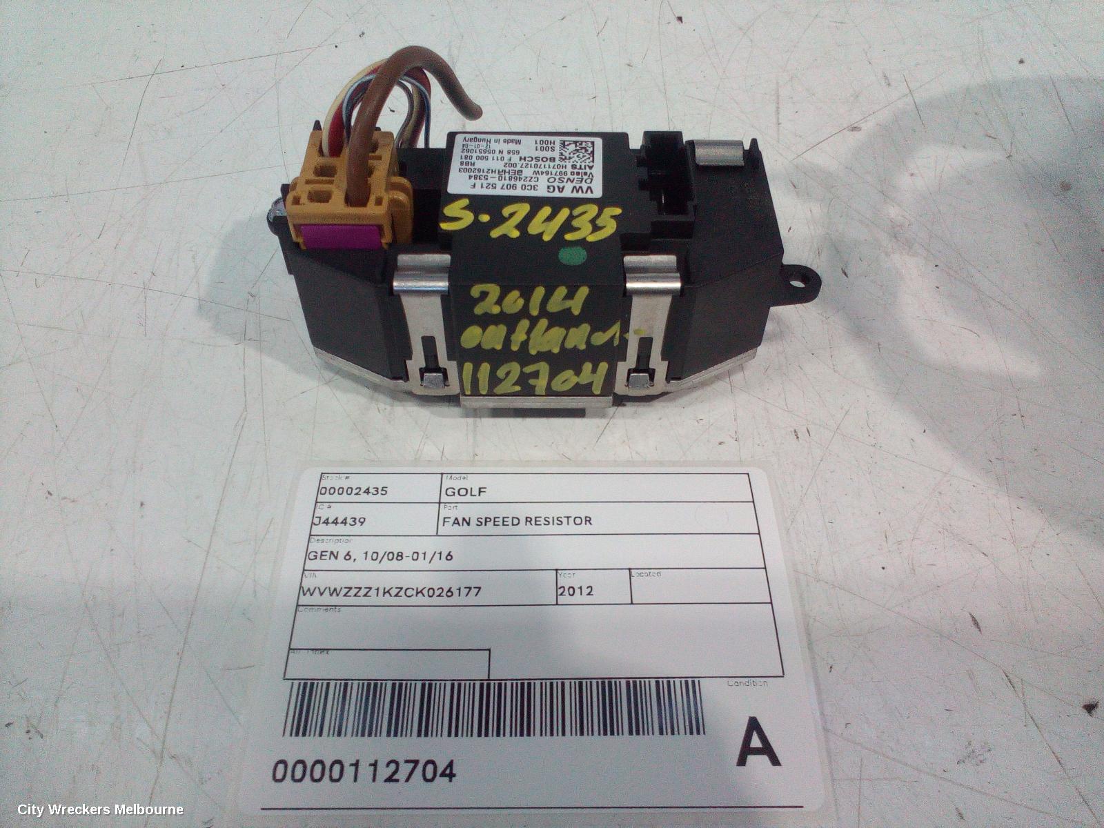 VOLKSWAGEN GOLF FAN SPEED RESISTOR, GEN 6, 10/2008 - 01/2016