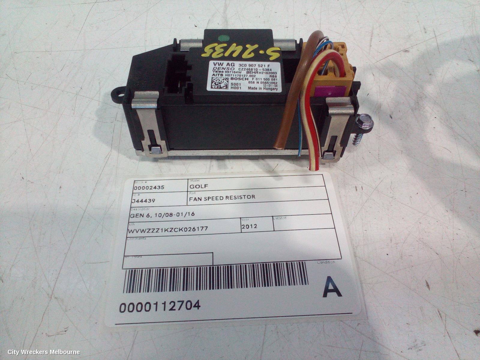 VOLKSWAGEN GOLF FAN SPEED RESISTOR, GEN 6, 10/2008 - 01/2016