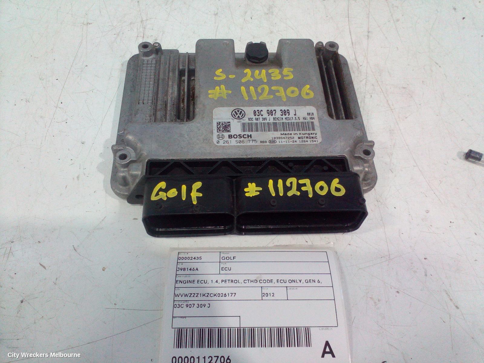 VOLKSWAGEN GOLF ECU, ENGINE ECU, 1.4, PETROL, CTHD CODE, ECU ONLY, GEN 6, 10/2008 - 01/2016