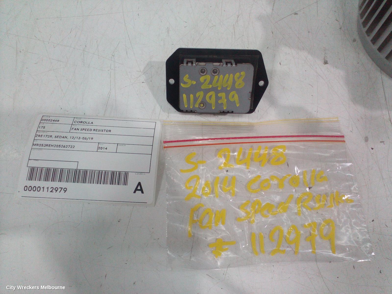 TOYOTA COROLLA FAN SPEED RESISTOR, ZRE172R, SEDAN, 12/2013 - 06/2019