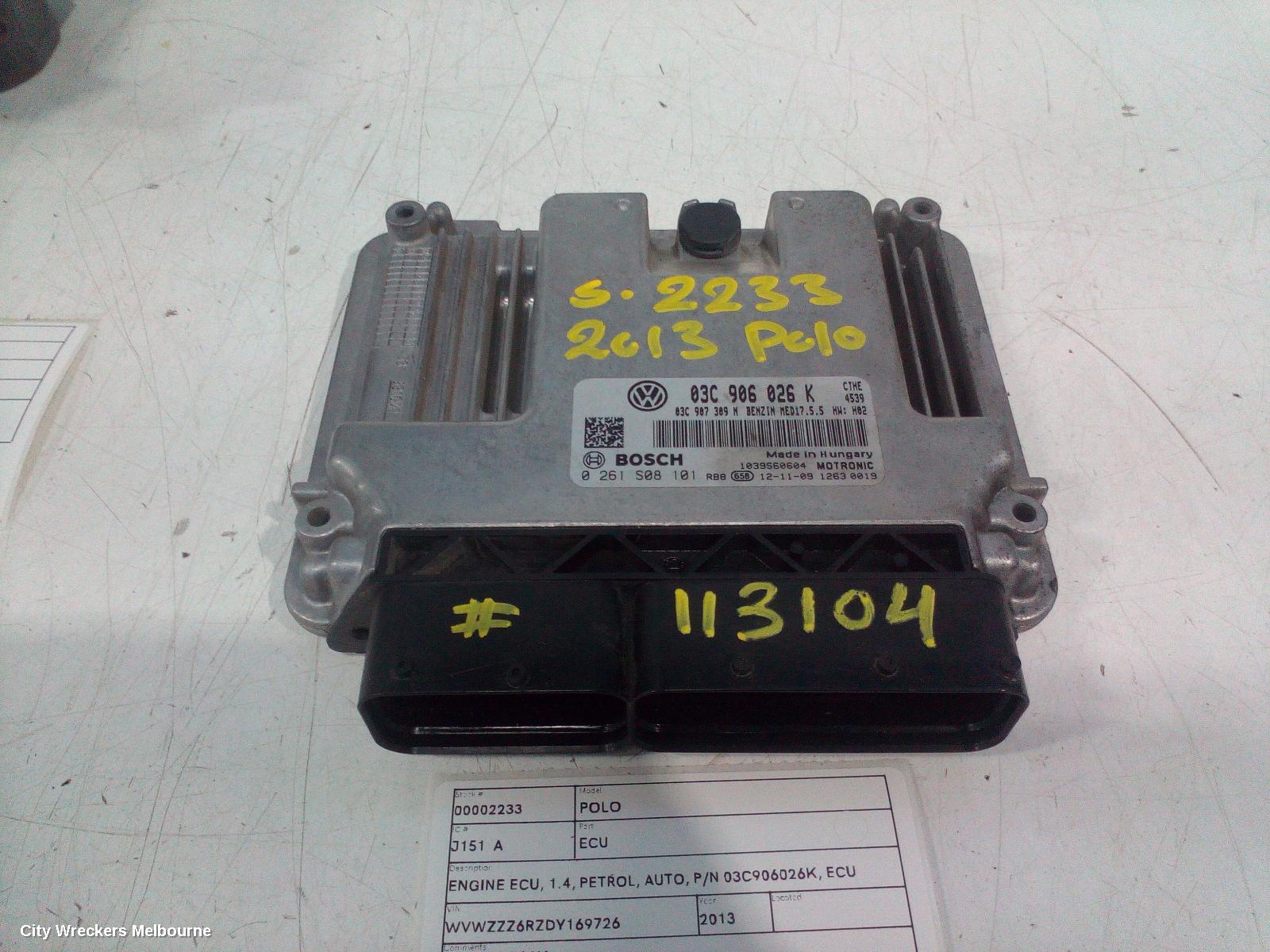 VOLKSWAGEN POLO ECU, ENGINE ECU, 1.4, PETROL, AUTO, P/N 03C906026K, ECU ONLY, 6R, 05/2010 ONWARDS