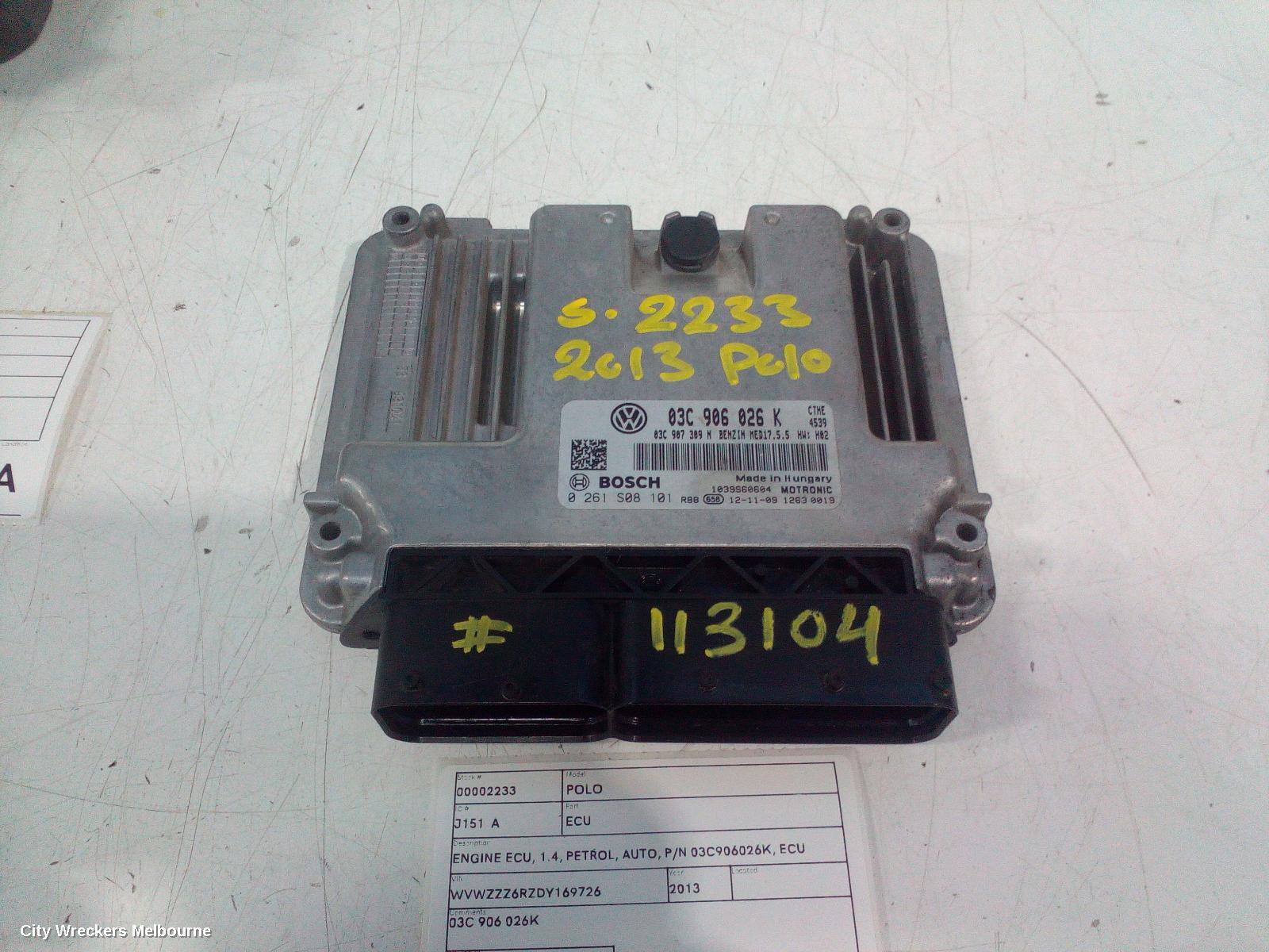 VOLKSWAGEN POLO ECU, ENGINE ECU, 1.4, PETROL, AUTO, P/N 03C906026K, ECU ONLY, 6R, 05/2010 ONWARDS