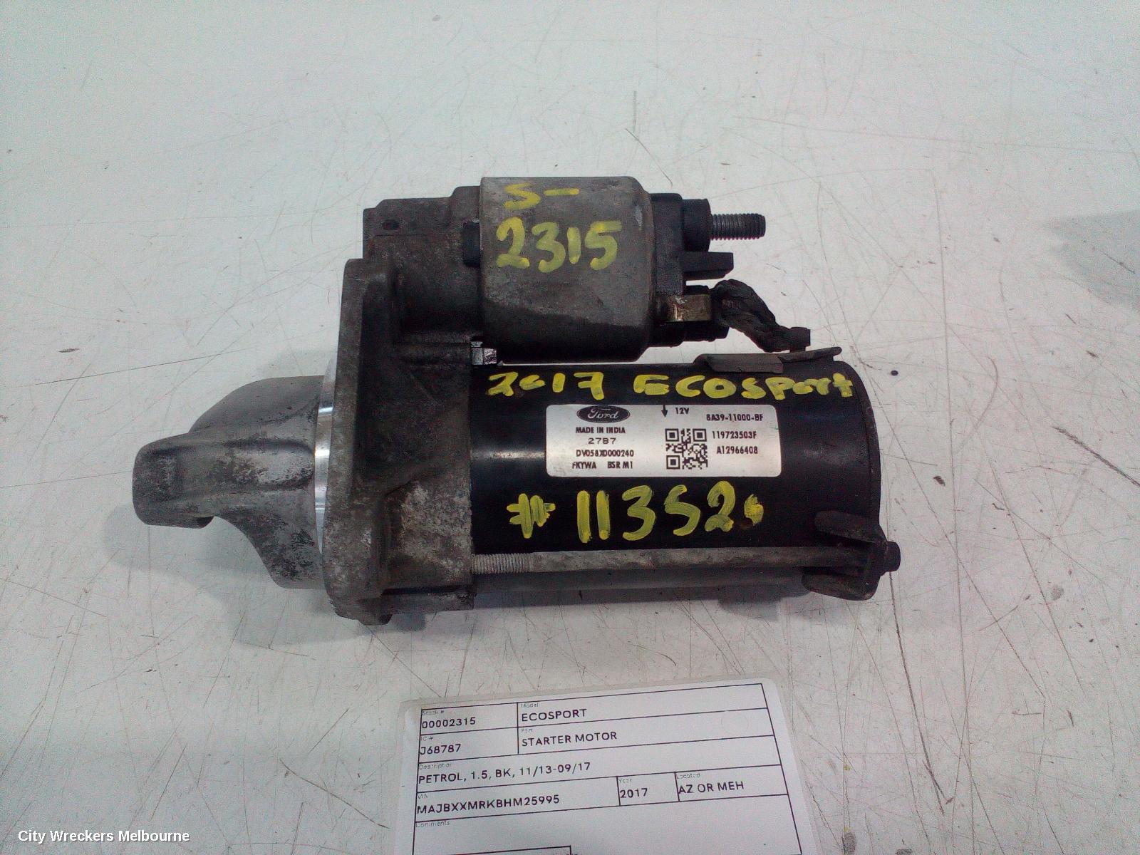 FORD ECOSPORT STARTER, PETROL, 1.5, BK, 11/2013 - 09/2017
