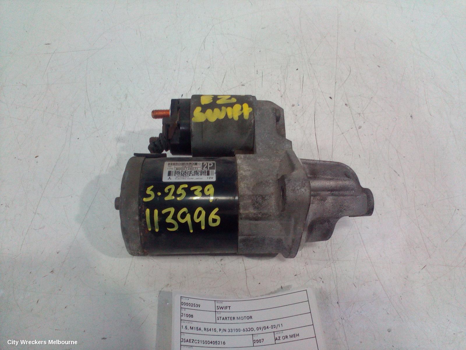 SUZUKI SWIFT STARTER, 1.5, M15A, RS415, P/N 33100-63JO, 09/2004 - 02/2011