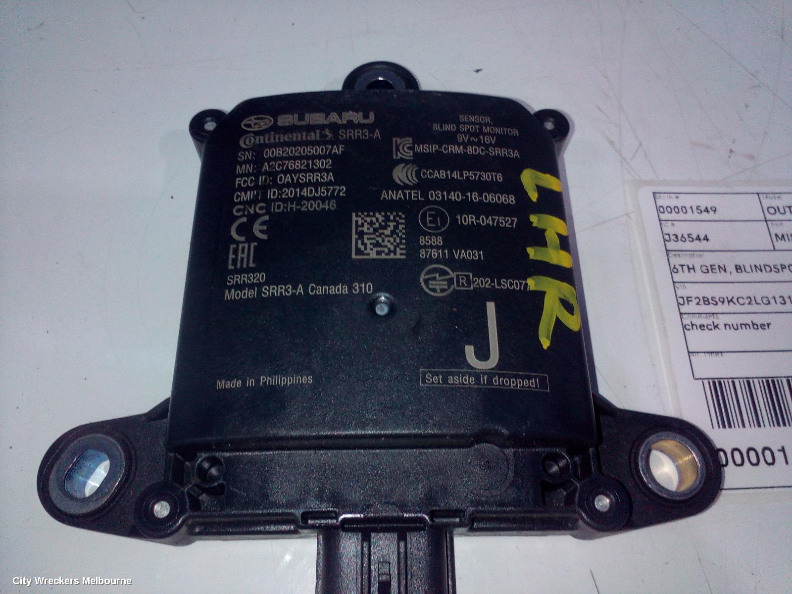 SUBARU OUTBACK REVERSE CAMERA, BLIND SPOT MONITOR SENSOR (LH REAR BEHIND BUMPER), 87611VA031, 6TH GEN, 08/2014 - 12/2020