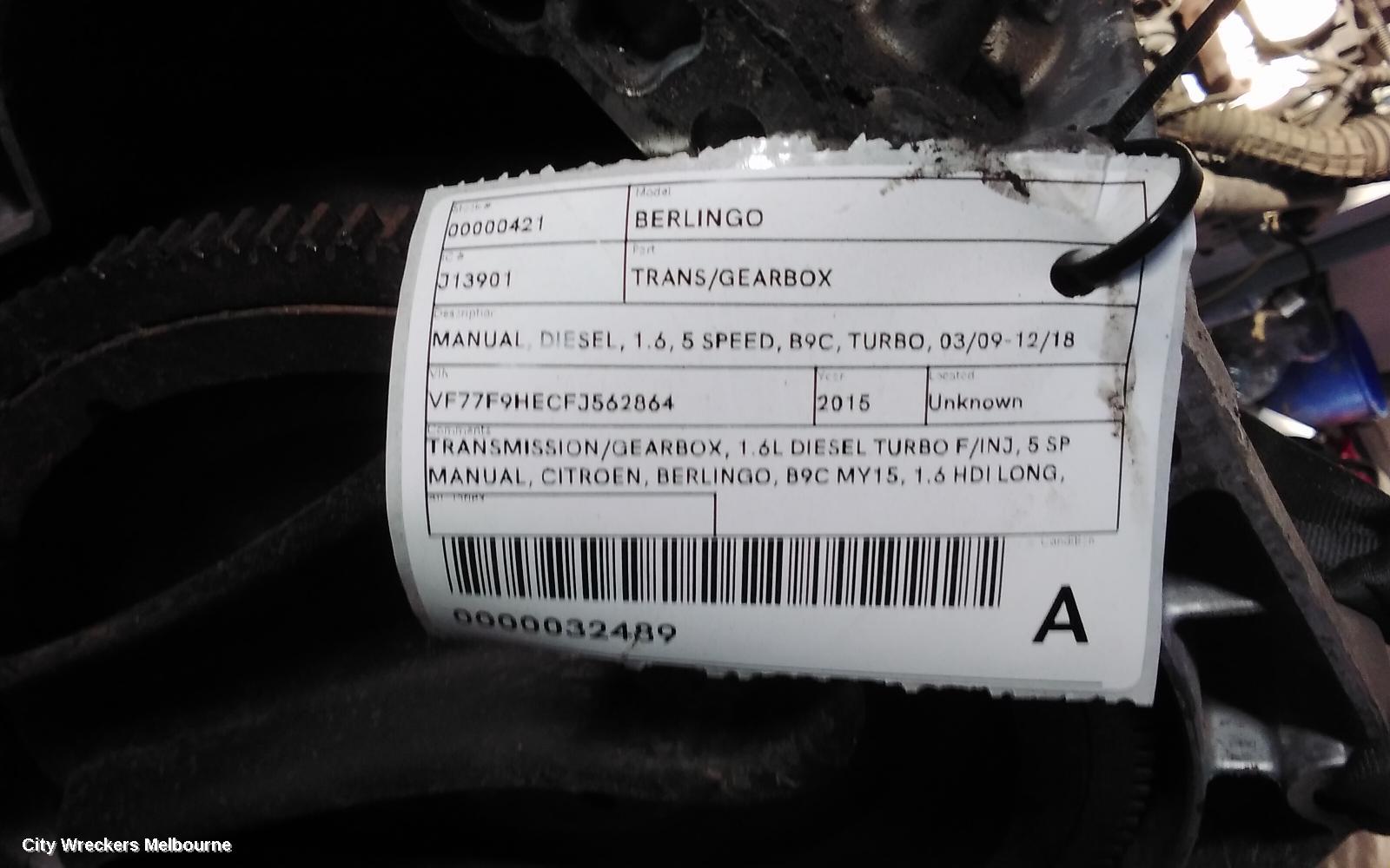 CITROEN BERLINGO TRANS/GEARBOX, MANUAL, DIESEL, 1.6, 5 SPEED, B9C, TURBO, 03/2009 - 12/2018