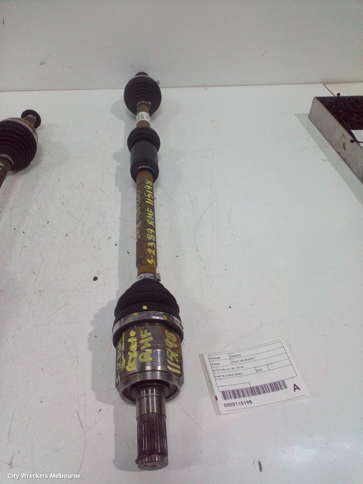KIA CERATO RIGHT DRIVESHAFT, AUTO T/M, 2.0, BD, 04/2018 ONWARDS