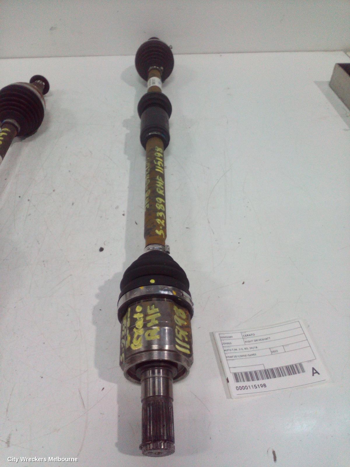 KIA CERATO RIGHT DRIVESHAFT, AUTO T/M, 2.0, BD, 04/2018 ONWARDS