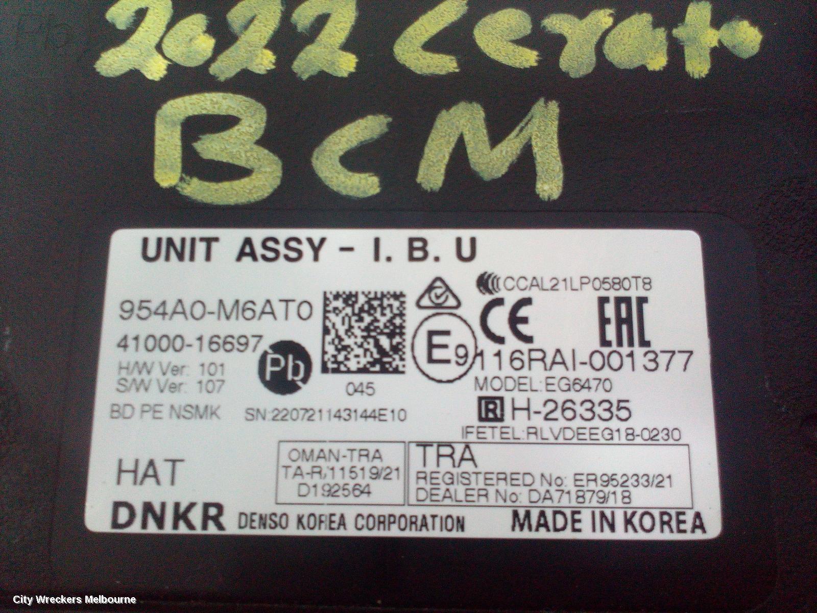 KIA CERATO, BD, 04/2018 - 09/2024, 954A0-M6ATO  BCM  : 115249
