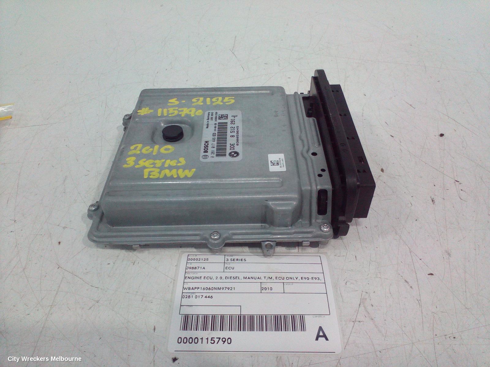 BMW 3 SERIES ECU, ENGINE ECU, 2.0, DIESEL, MANUAL T/M, ECU ONLY, E90-E93, 03/2005 - 09/2013