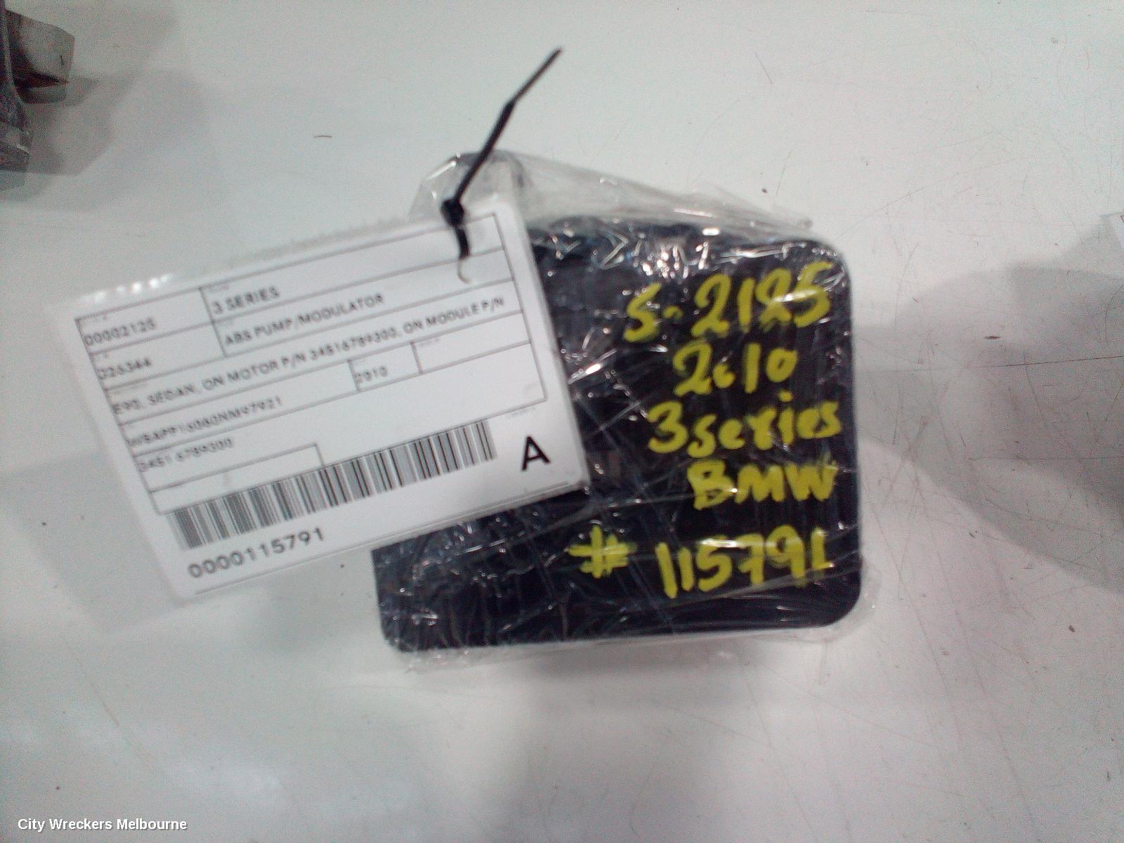 BMW 3 SERIES ABS PUMP/MODULATOR, E90, SEDAN, ON MOTOR P/N 34516789300, ON MODULE P/N 34526789301, 03/2005 - 01/2012