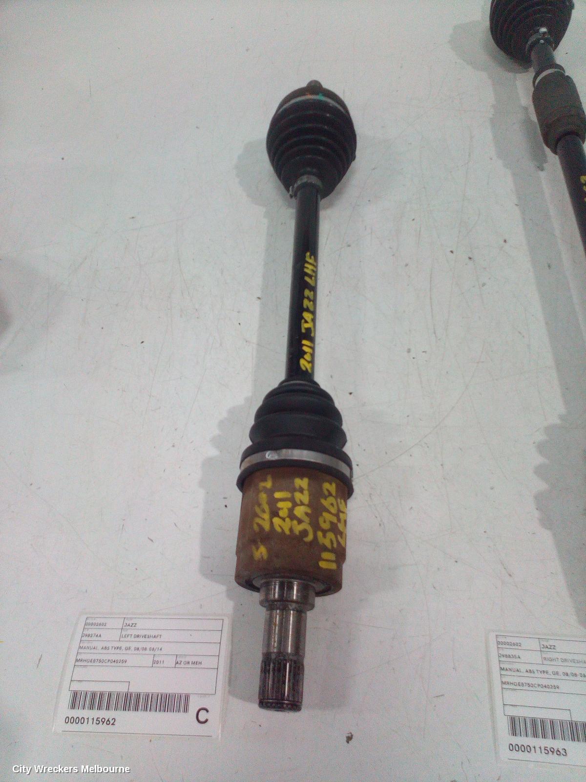 HONDA JAZZ LEFT DRIVESHAFT, MANUAL, ABS TYPE, GE, 08/2008 - 06/2014