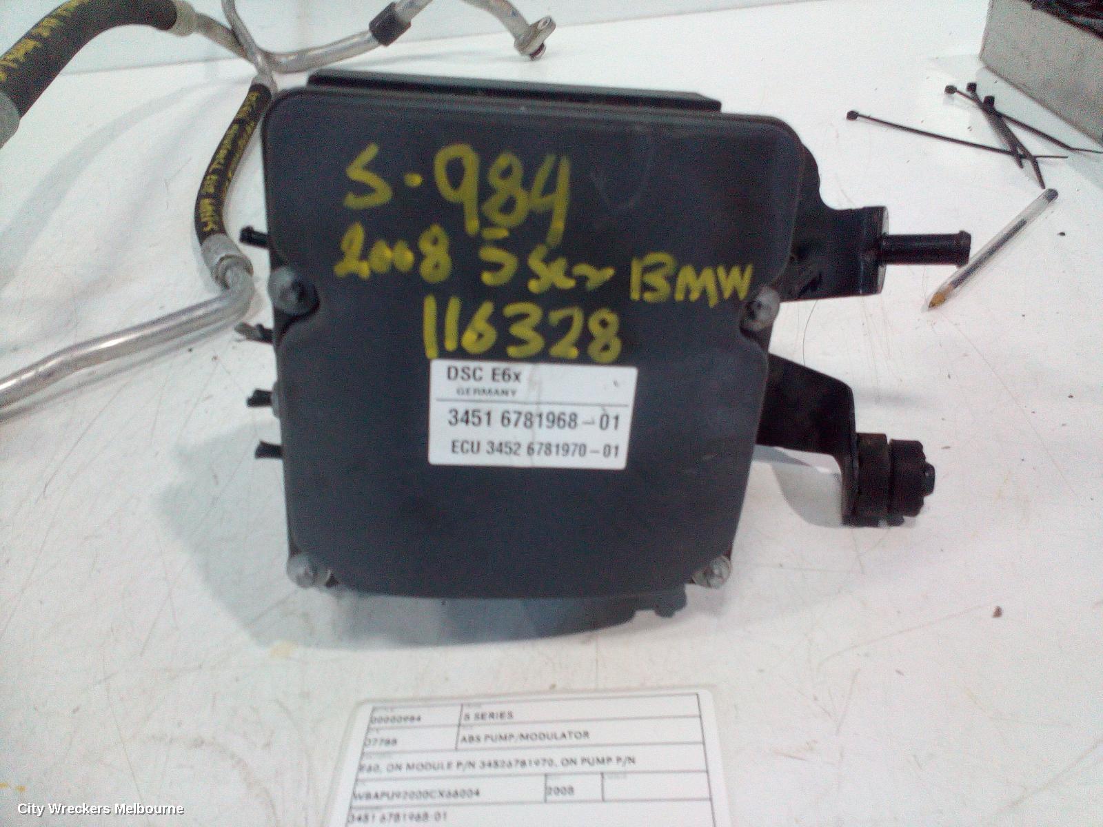 BMW 5 SERIES ABS PUMP/MODULATOR, E60, ON MODULE P/N 34526781970, ON PUMP P/N 34516781968, 10/2003 - 04/2010