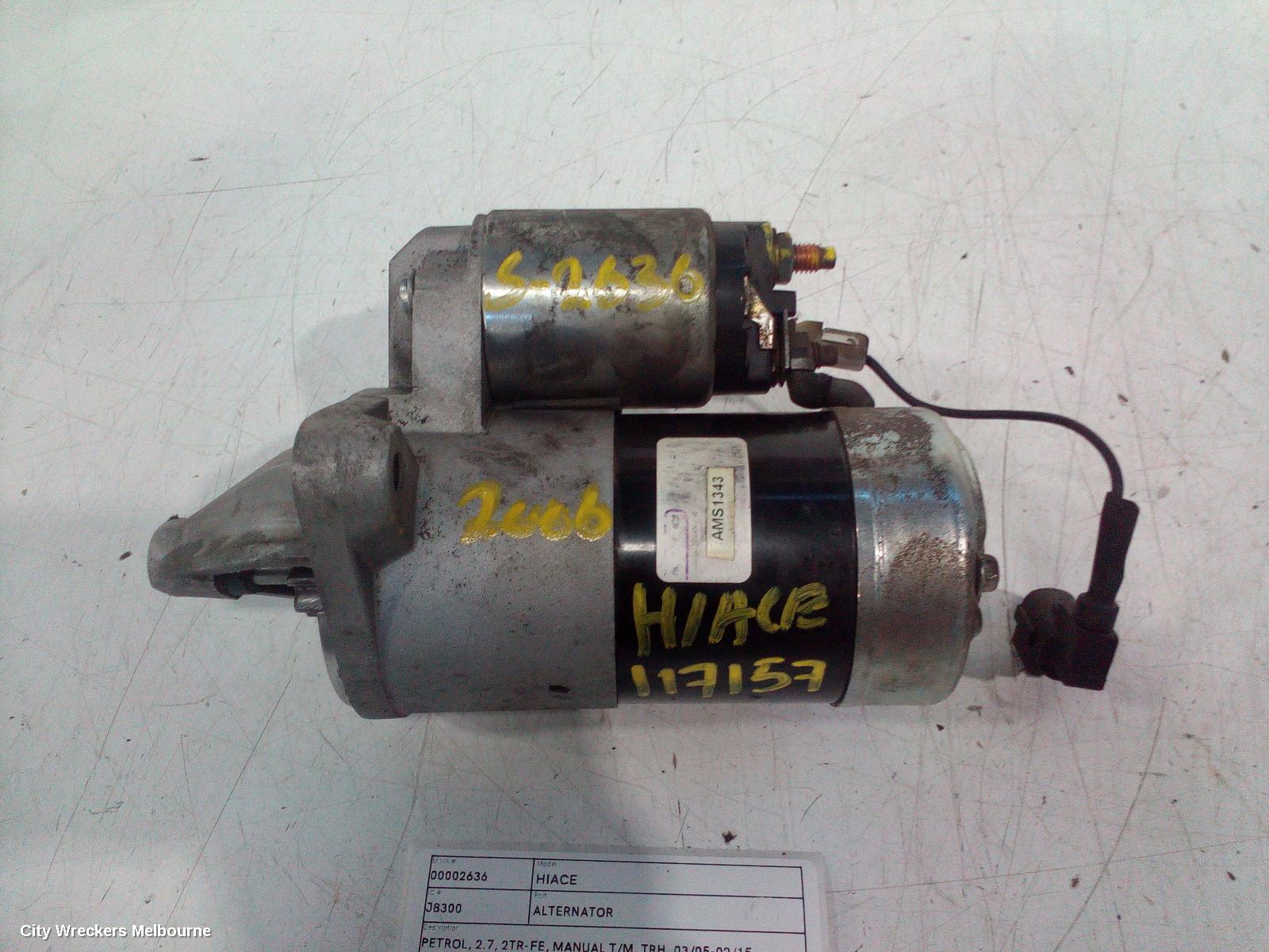 TOYOTA HIACE ALTERNATOR, PETROL, 2.7, 2TR-FE, MANUAL T/M, TRH, 03/2005 - 02/2015