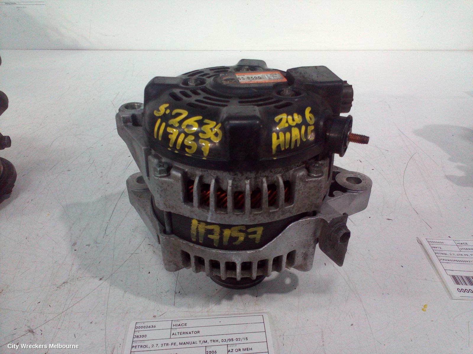 TOYOTA HIACE ALTERNATOR, PETROL, 2.7, 2TR-FE, MANUAL T/M, TRH, 03/2005 - 02/2015