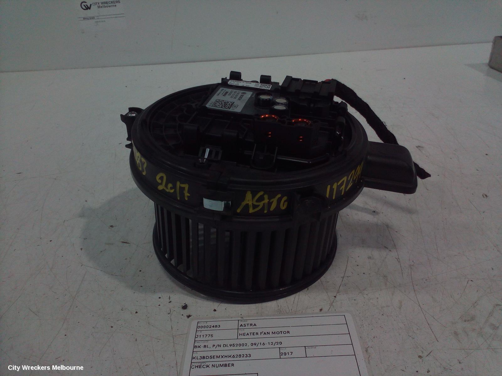 HOLDEN ASTRA HEATER FAN MOTOR, BK-BL, P/N DL952002, 09/2016 - 12/2020