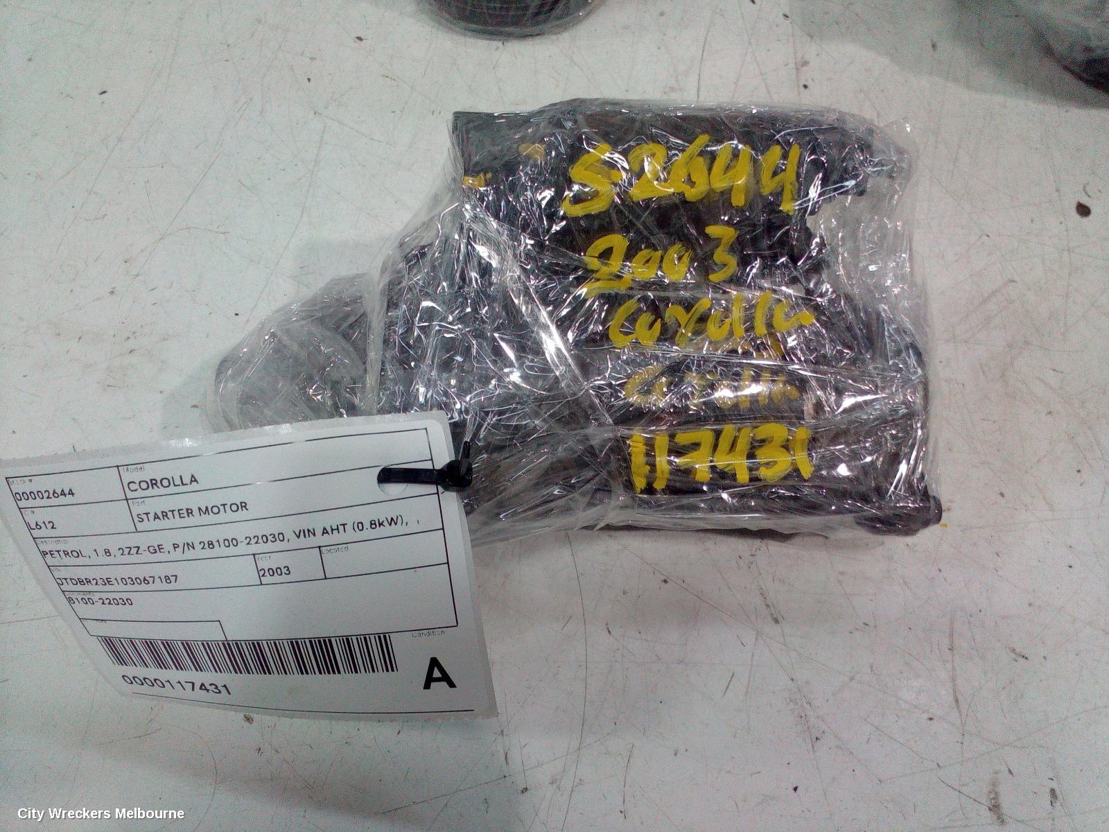 TOYOTA COROLLA STARTER, PETROL, 1.8, 2ZZ-GE, P/N 28100-22030, VIN AHT (0.8KW), ZZE122, 04/2003 - 04/2007 (AUS ONLY)