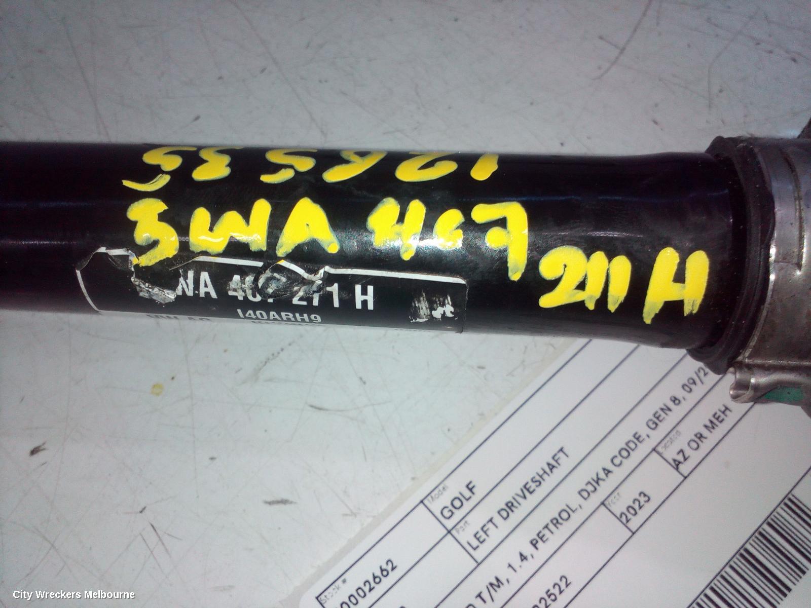 VOLKSWAGEN GOLF LEFT DRIVESHAFT, FRONT, AUTO T/M, 1.4, PETROL, DJKA CODE, GEN 8, 09/2020 ONWARDS