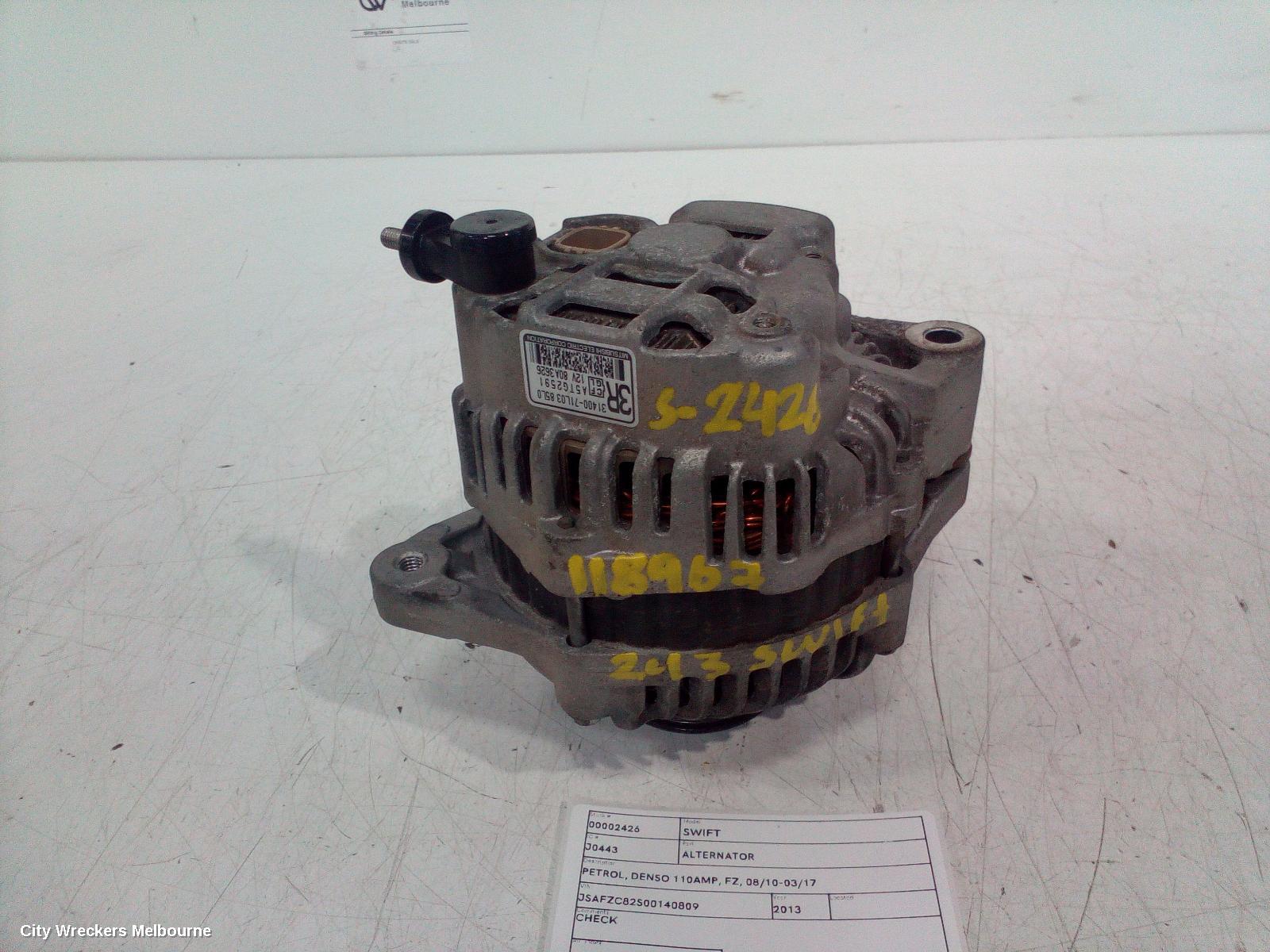 SUZUKI SWIFT ALTERNATOR, PETROL, MITSUBISHI 80AMP, FZ, 08/2010 - 03/2017