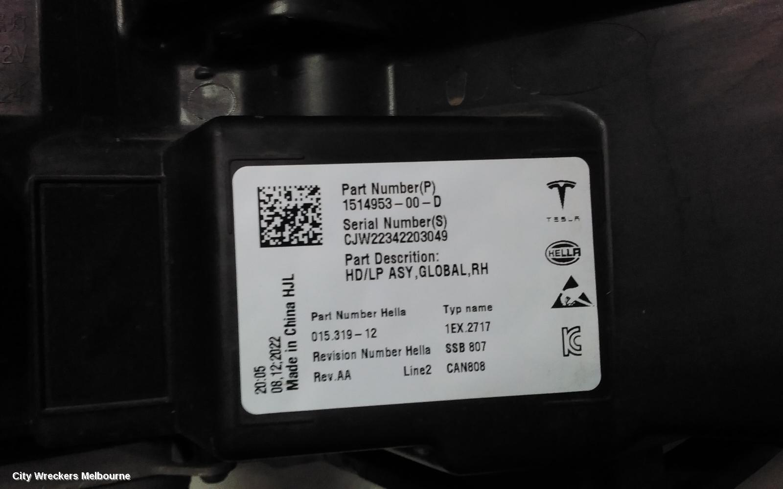 TESLA MODEL 3 RIGHT HEADLAMP, W/ LED TYPE, 1ST GEN, 09/2023 ONWARDS