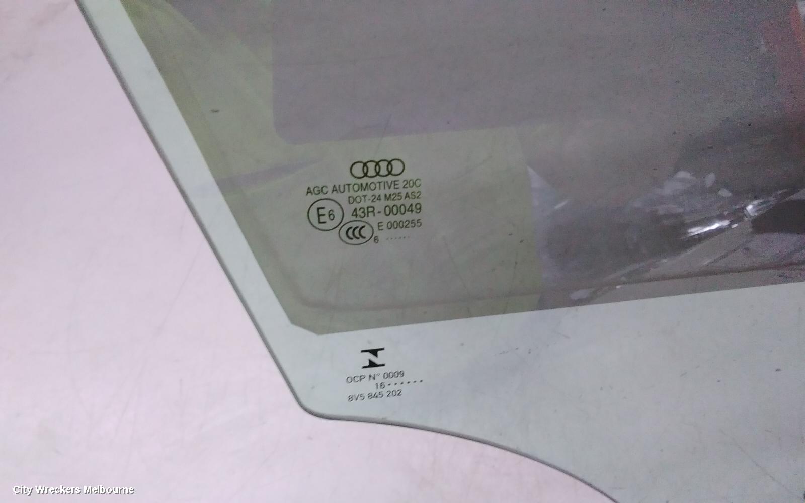 AUDI A3 RIGHT FRONT DOOR WINDOW, 8V, 4DR SEDAN, 10/2013 - 10/2020