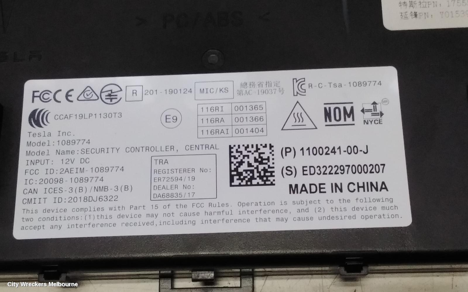 TESLA MODEL 3, 1ST GEN, 06/2019 ONWARDS, TESLA MODEL 3 CONTROL UNIT CENTRAL LOCKING 1100241-00-J ELECTRICITY 2021: 121649