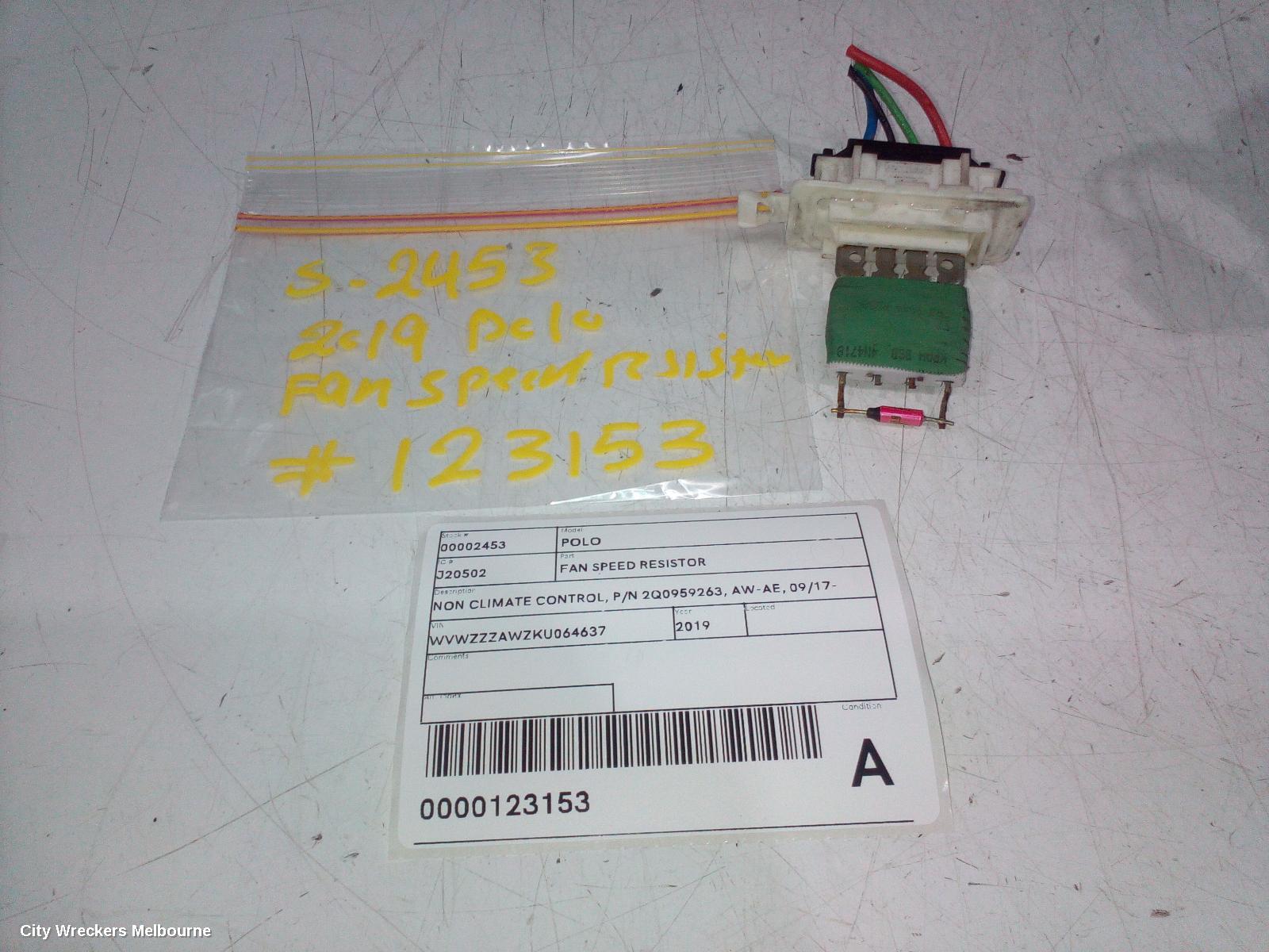 VOLKSWAGEN POLO FAN SPEED RESISTOR, NON CLIMATE CONTROL, P/N 2Q0959263, AW-AE, 09/2017 ONWARDS