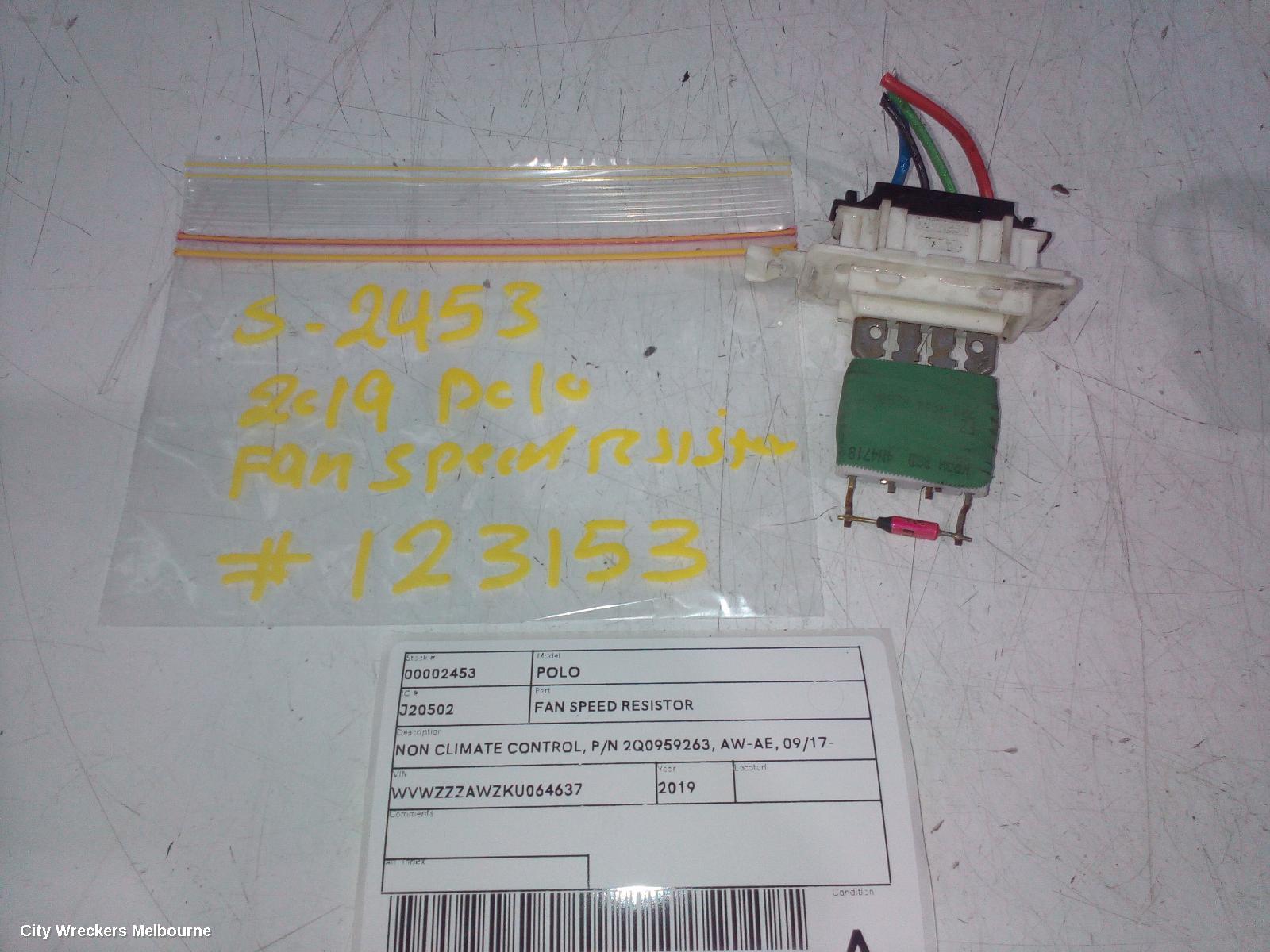 VOLKSWAGEN POLO FAN SPEED RESISTOR, NON CLIMATE CONTROL, P/N 2Q0959263, AW-AE, 09/2017 ONWARDS