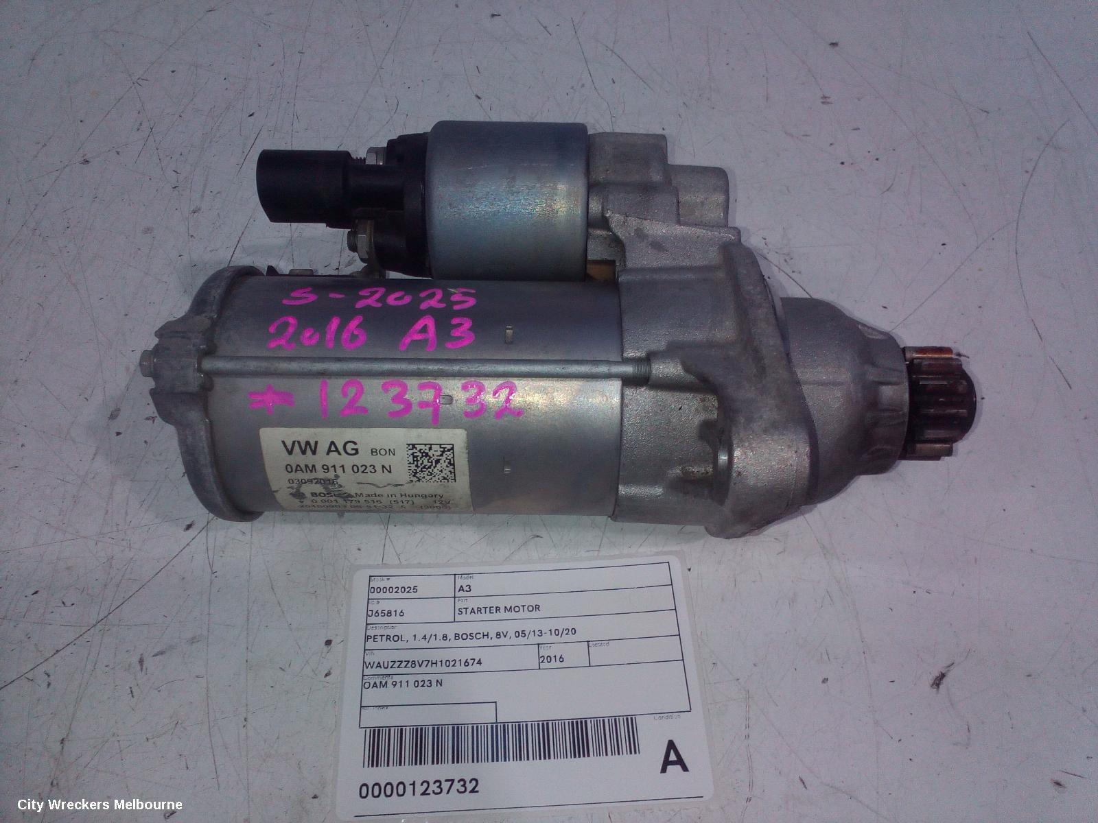AUDI A3 STARTER, PETROL, 1.4/1.8, BOSCH, 8V, 05/2013 - 10/2020