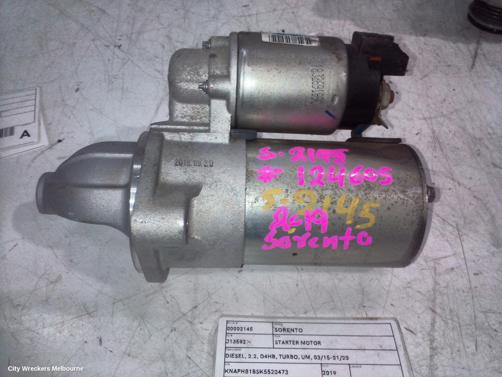 KIA SORENTO STARTER, DIESEL, 2.2, D4HB, TURBO, UM, 03/2015 - 01/2020