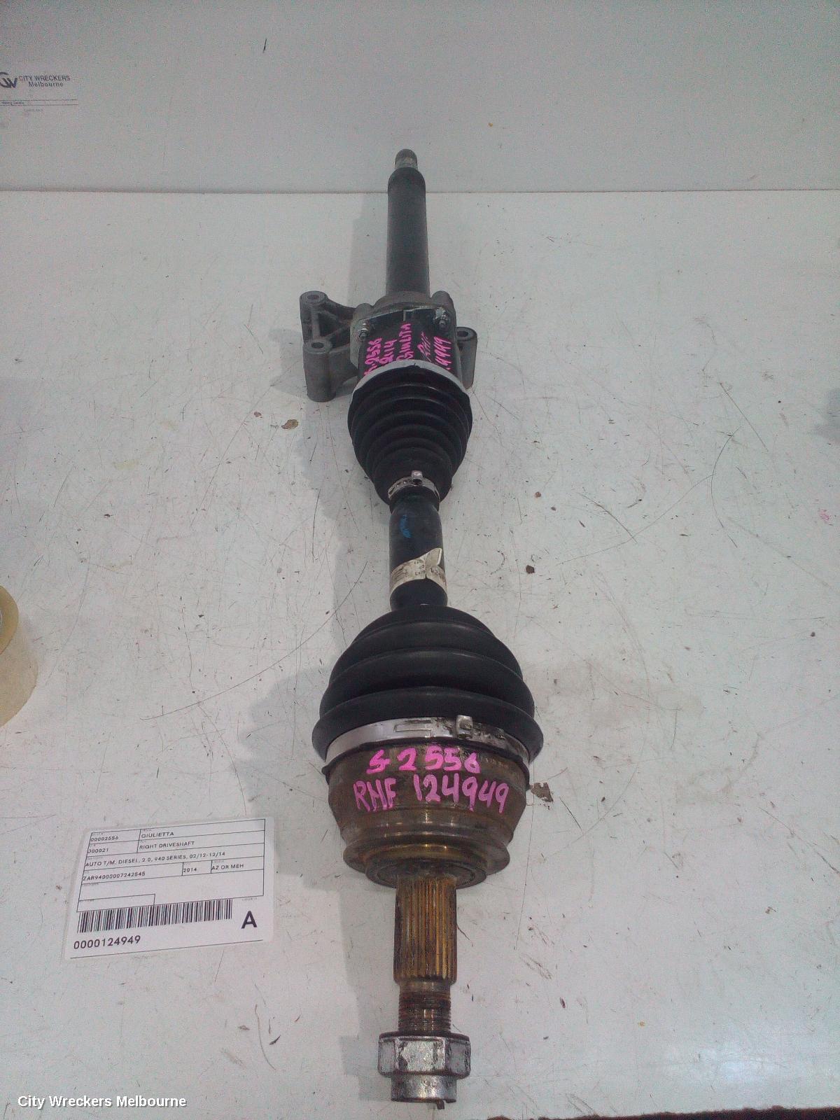 ALFA ROMEO GIULIETTA RIGHT DRIVESHAFT, AUTO T/M, DIESEL, 2.0, 940 SERIES, 02/2012 - 12/2014