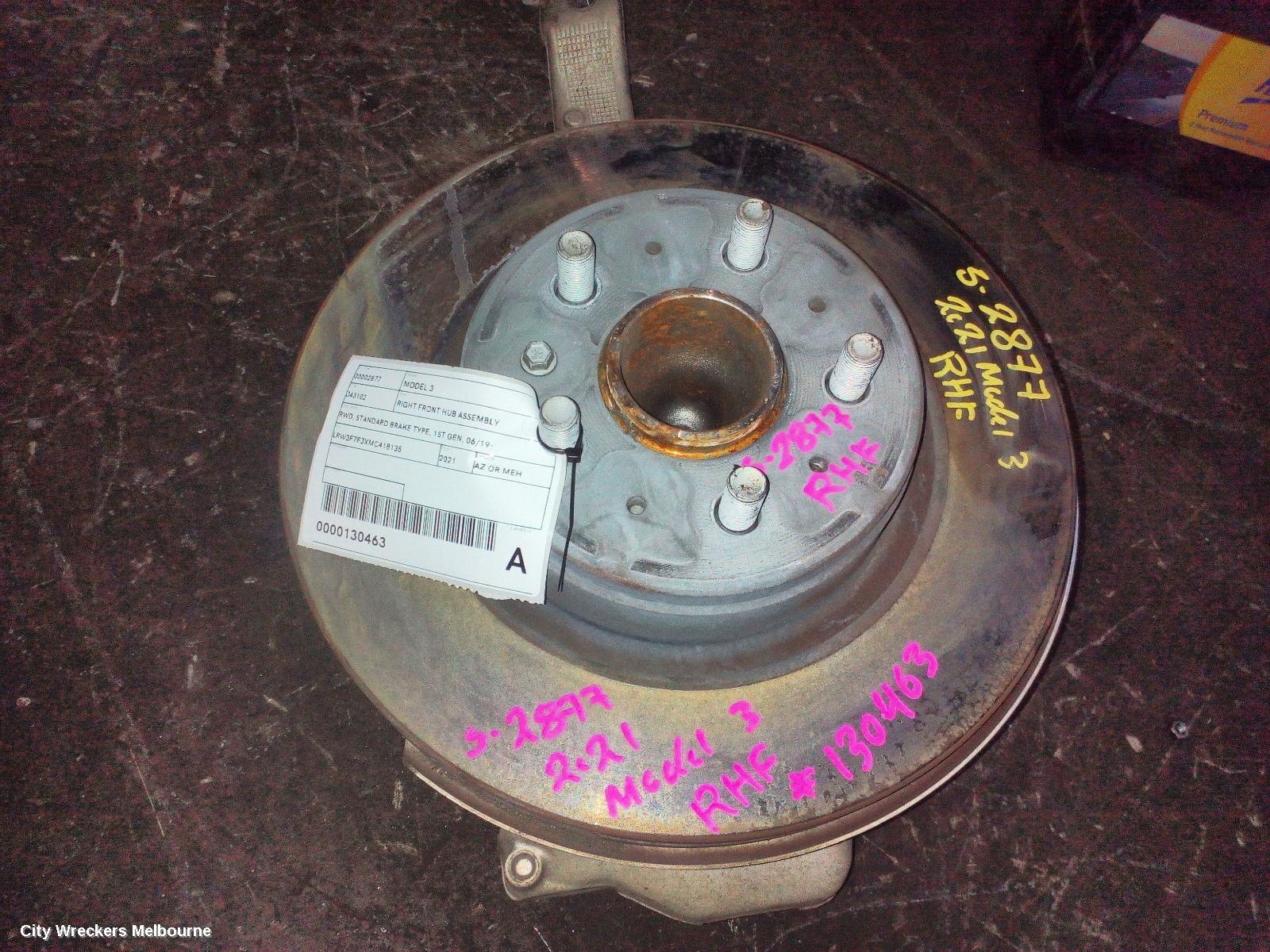 TESLA MODEL 3 RIGHT FRONT HUB ASSEMBLY, RWD, STANDARD BRAKE TYPE, 1ST GEN, 06/2019 ONWARDS